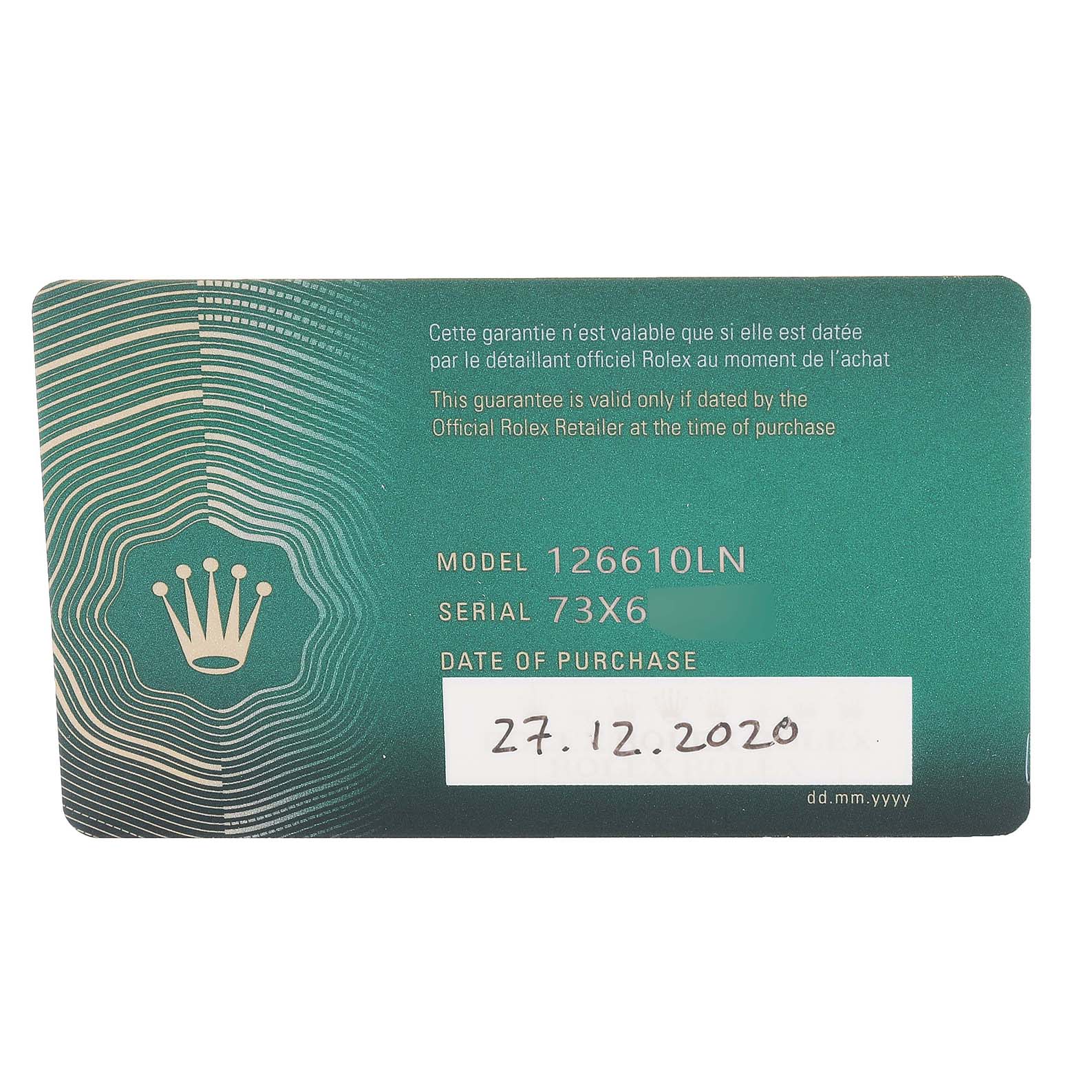 This image shows a guarantee card for the Rolex Submariner 126610 Men
s Stainless Steel Black Dial 126610 Men
s Stainless Steel Black Dial model 126610LN.