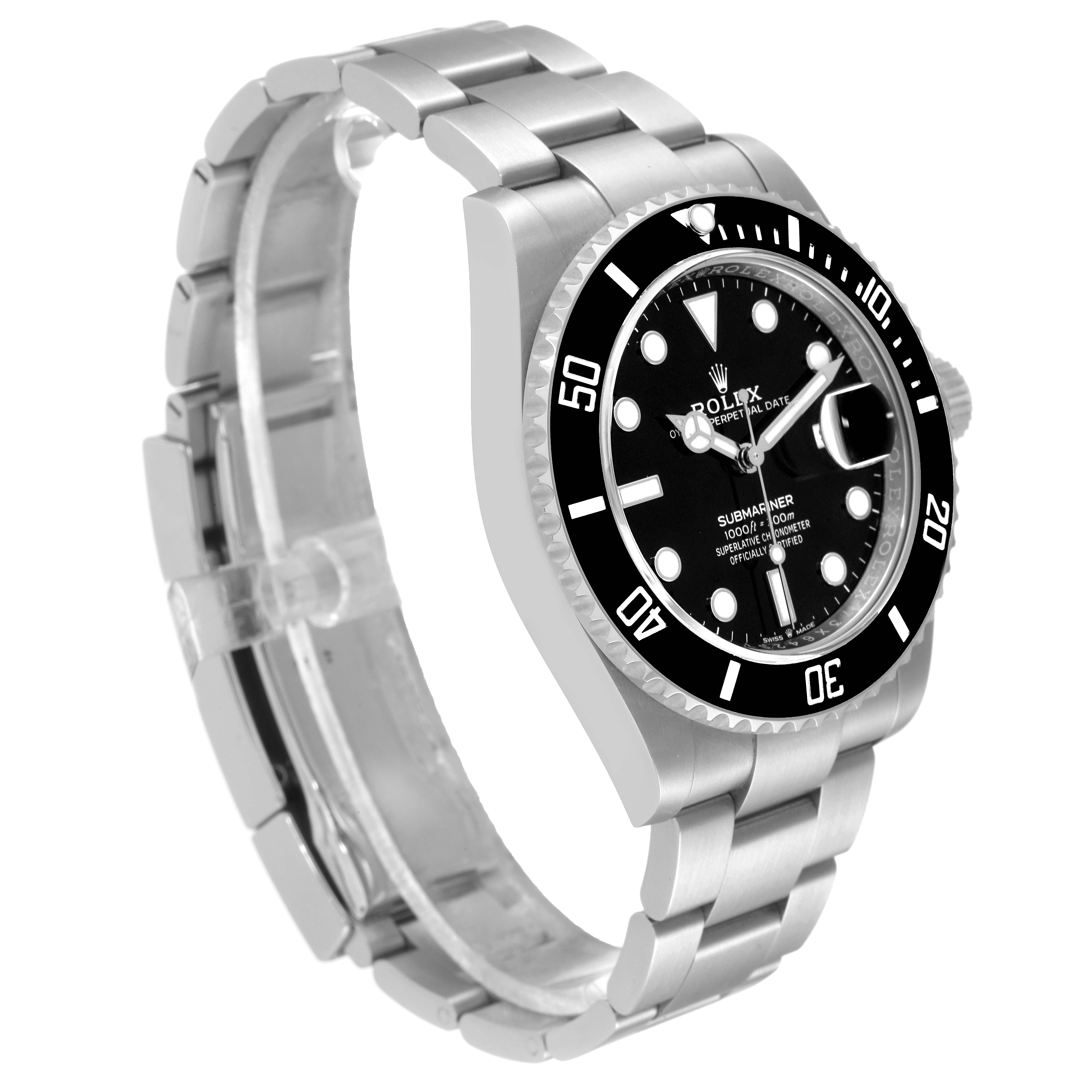 This image shows a side angle of a Rolex Submariner 126610 Men
s Stainless Steel Black Dial 126610 Men
s Stainless Steel Black Dial, displaying the face, bezel, crown, and bracelet.