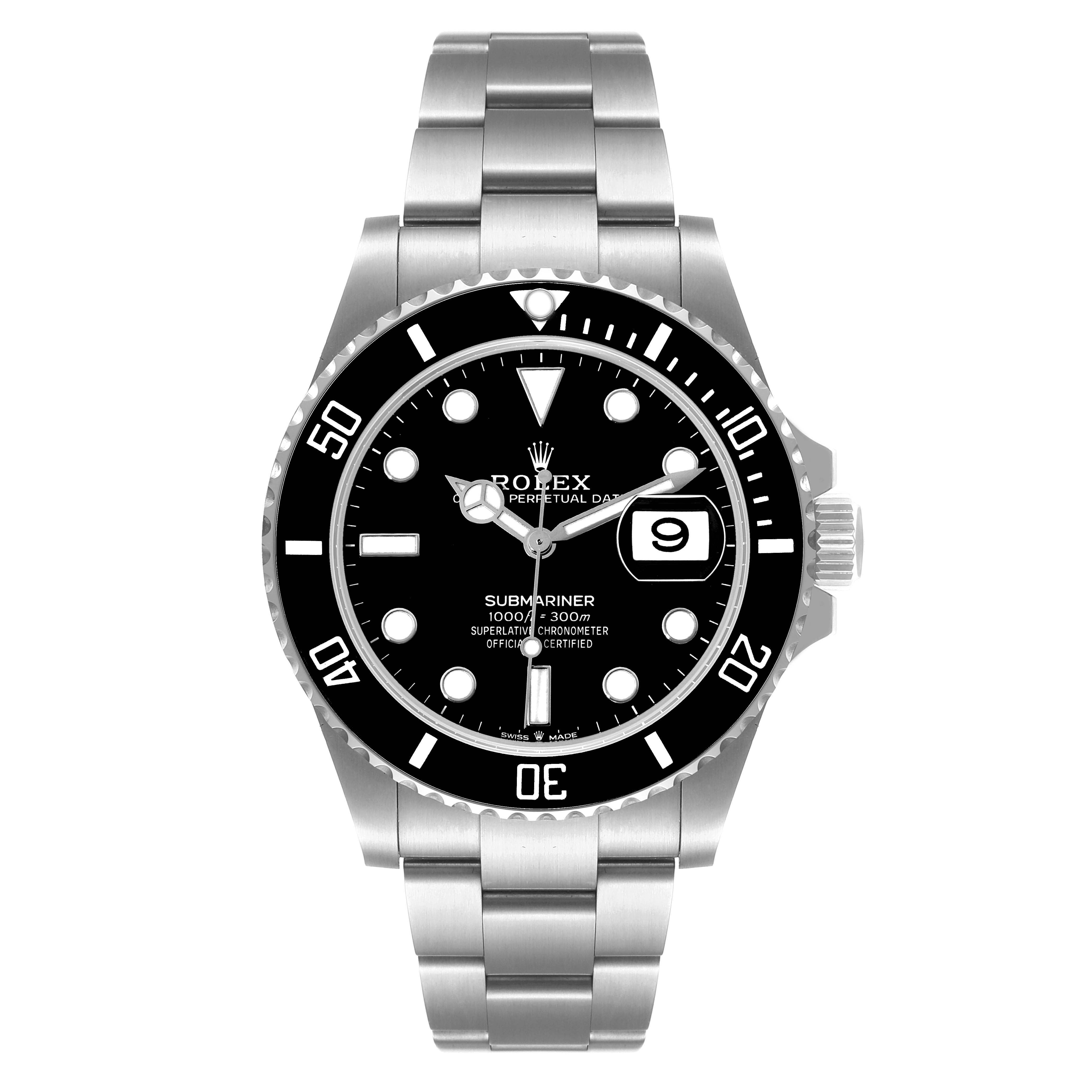 This image shows a frontal view of the Rolex Submariner 126610 Men
s Stainless Steel Black Dial 126610 Men
s Stainless Steel Black Dial watch, featuring its black dial, date display, and stainless steel bracelet.