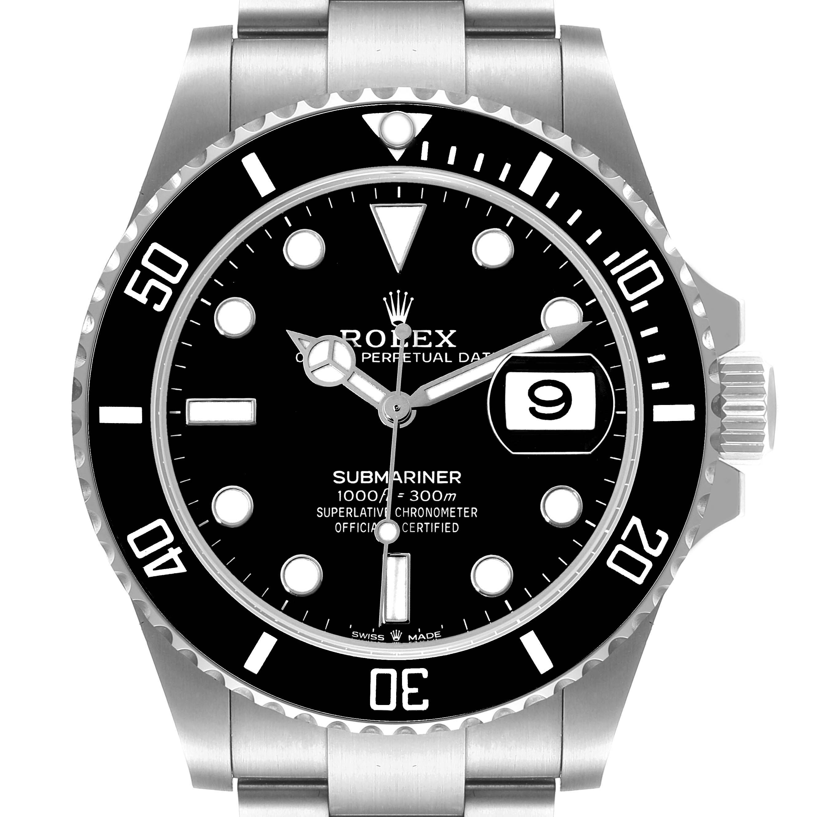 The image shows a front angle of the Rolex Submariner 126610 Men
s Stainless Steel Black Dial 126610 Men
s Stainless Steel Black Dial watch face and bezel, highlighting the dial and date window.