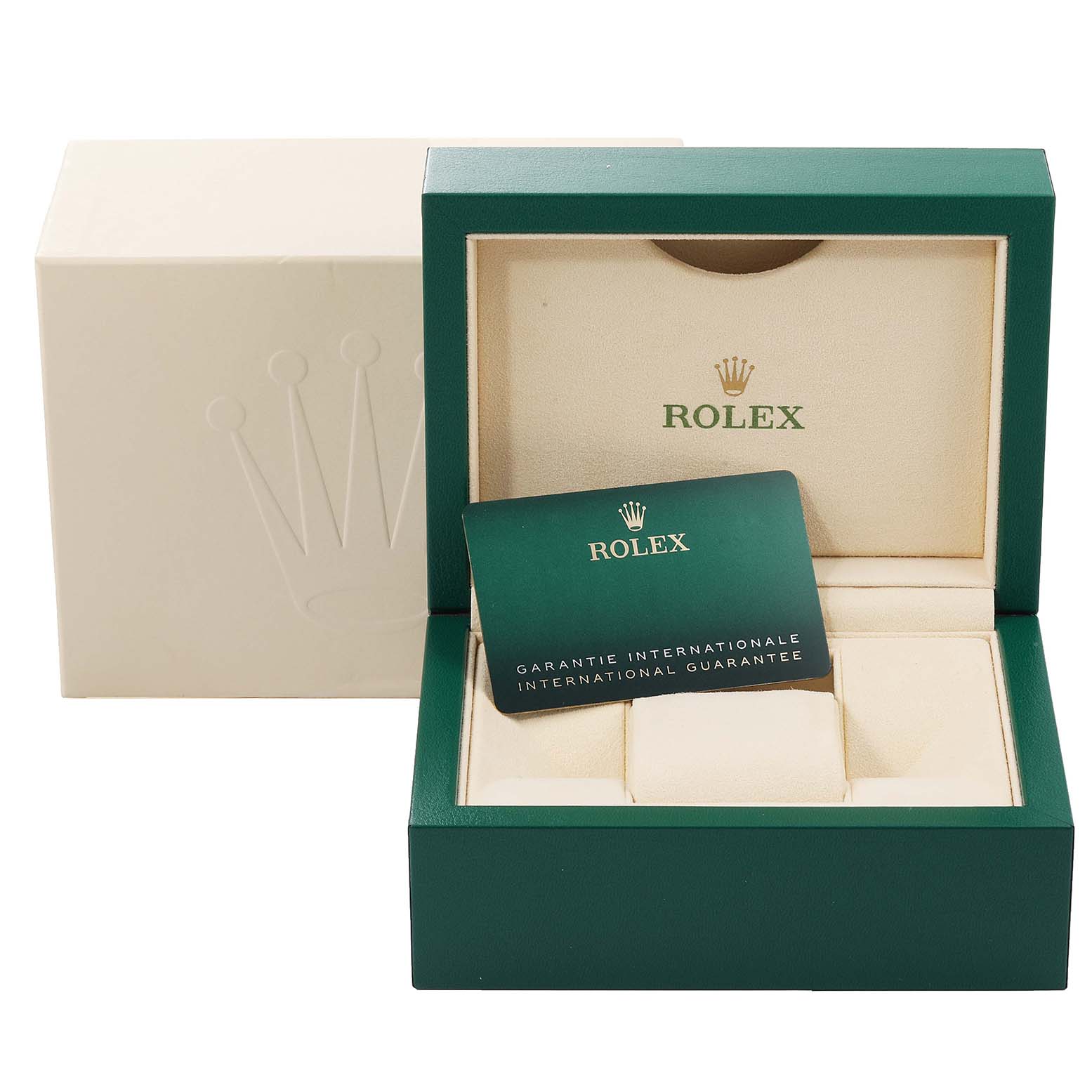 The image shows the open green and beige box and international guarantee card for a Rolex Submariner 126610 Men
s Stainless Steel Black Dial 126610 Men
s Stainless Steel Black Dial watch.