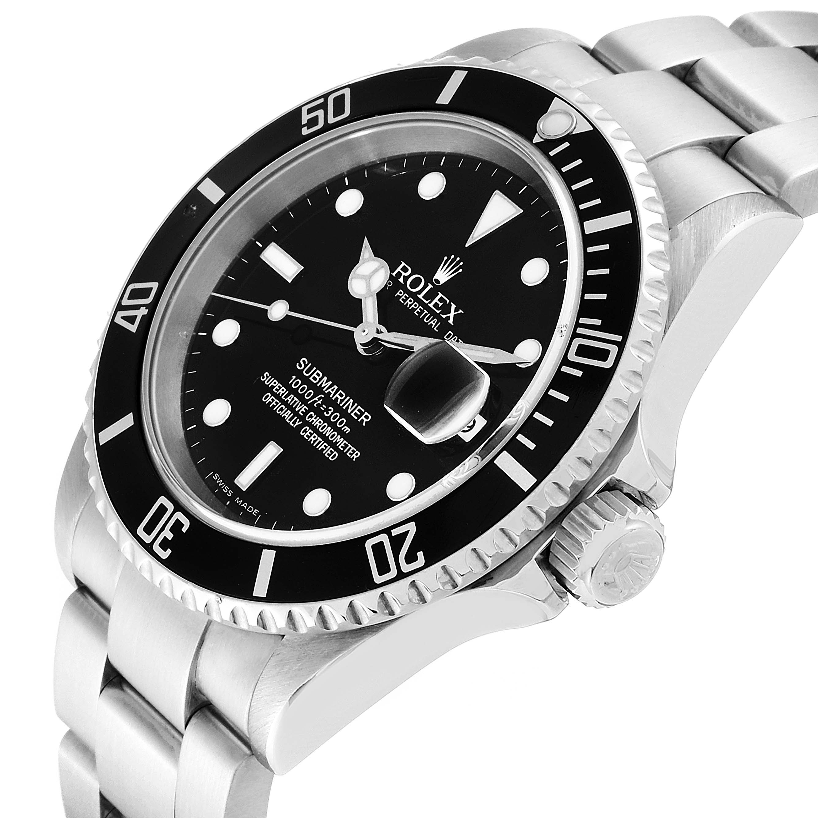 The image shows a close-up of a Rolex Submariner 16610 Men
s Stainless Steel Black Dial 16610 Men
s Stainless Steel Black Dial, highlighting its bezel, dial, crown, and part of the bracelet at an angled view.