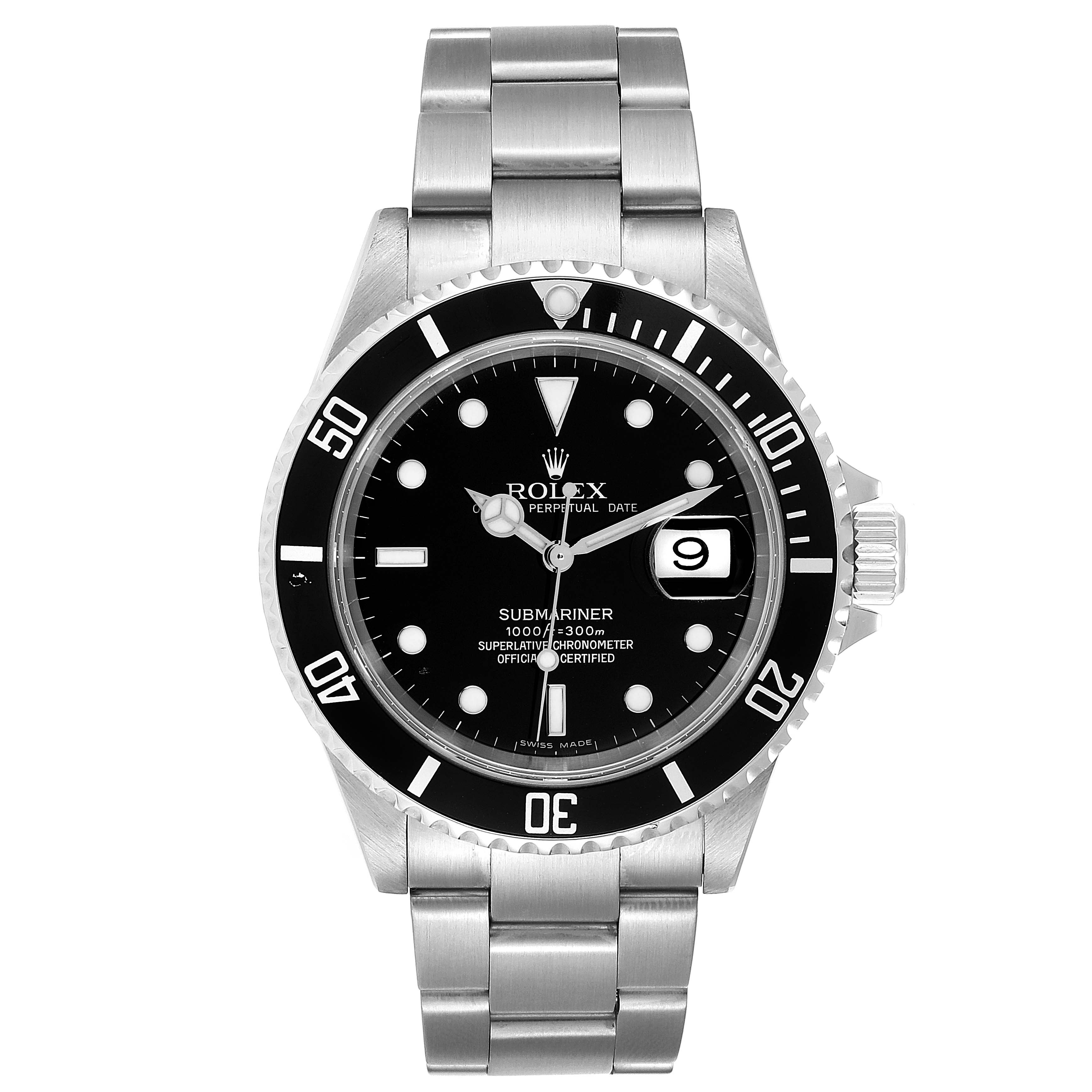 The image shows a front view of a Rolex Submariner 16610 Men
s Stainless Steel Black Dial 16610 Men
s Stainless Steel Black Dial watch, including the face, bezel, dial, crown, and bracelet.