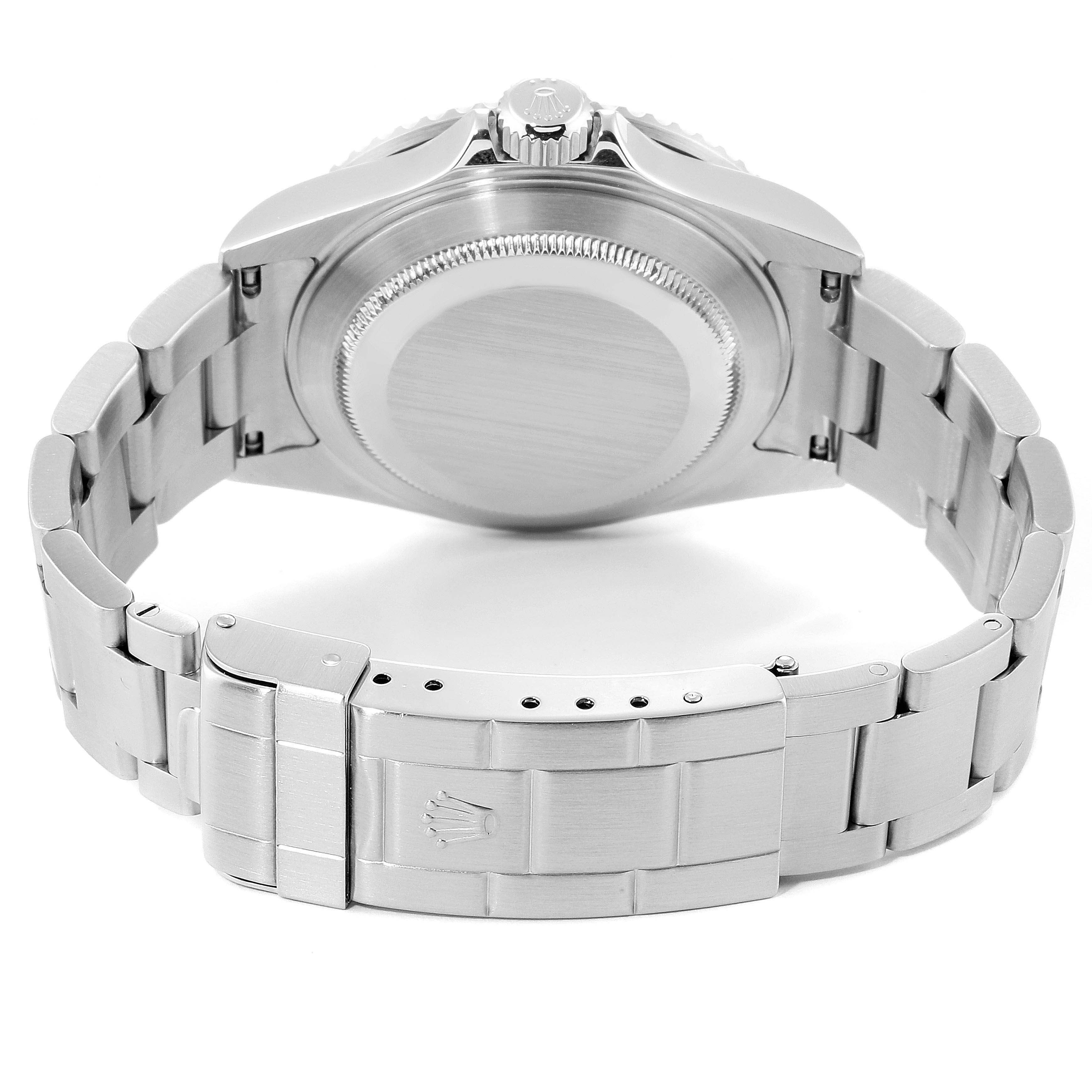 The image shows the back view of the Rolex Submariner 16610 Men
s Stainless Steel Black Dial 16610 Men
s Stainless Steel Black Dial watch, highlighting the case back, bracelet, and clasp.