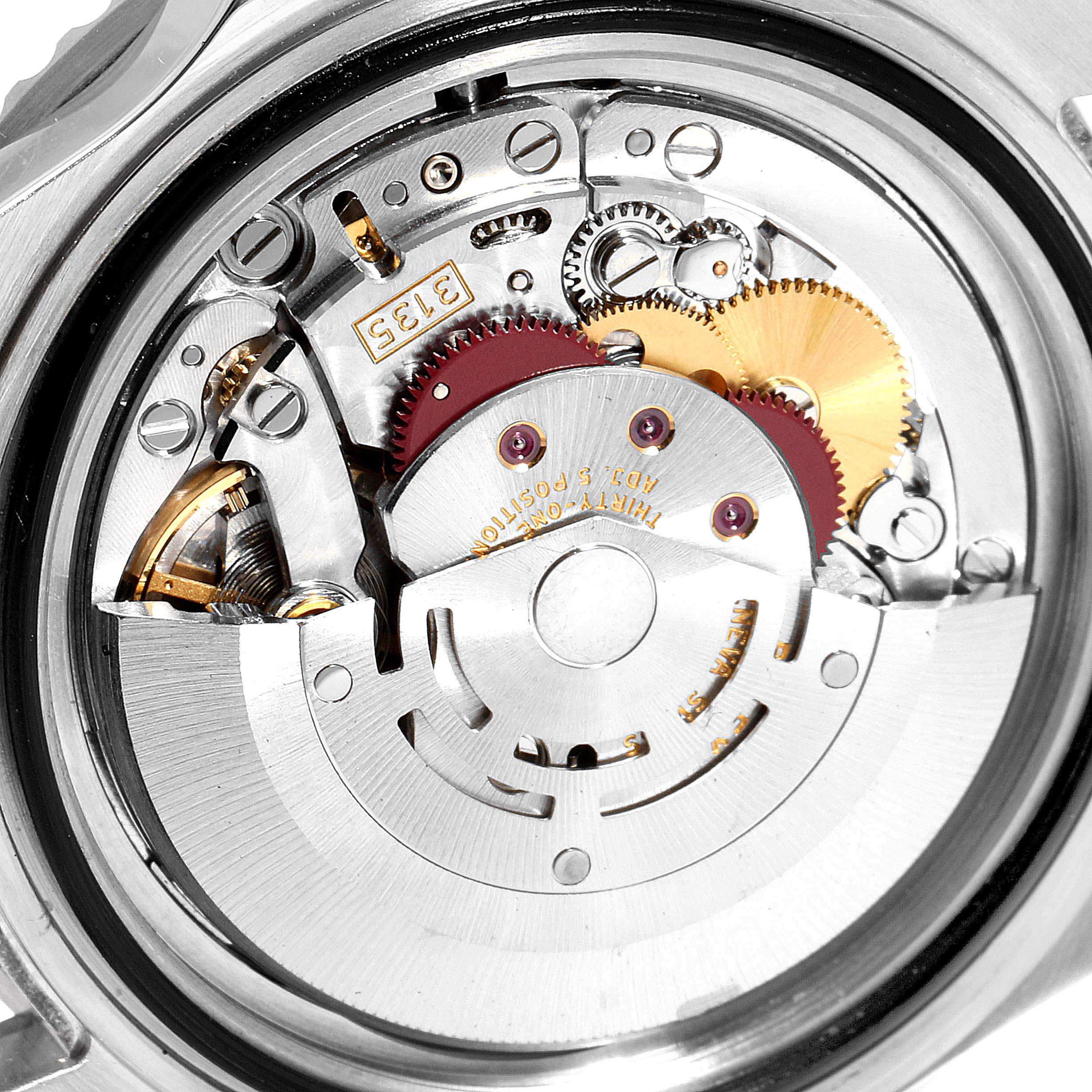 The image shows the inner mechanical movement of the Rolex Submariner 16610 Men
s Stainless Steel Black Dial 16610 Men
s Stainless Steel Black Dial watch viewed from the back.