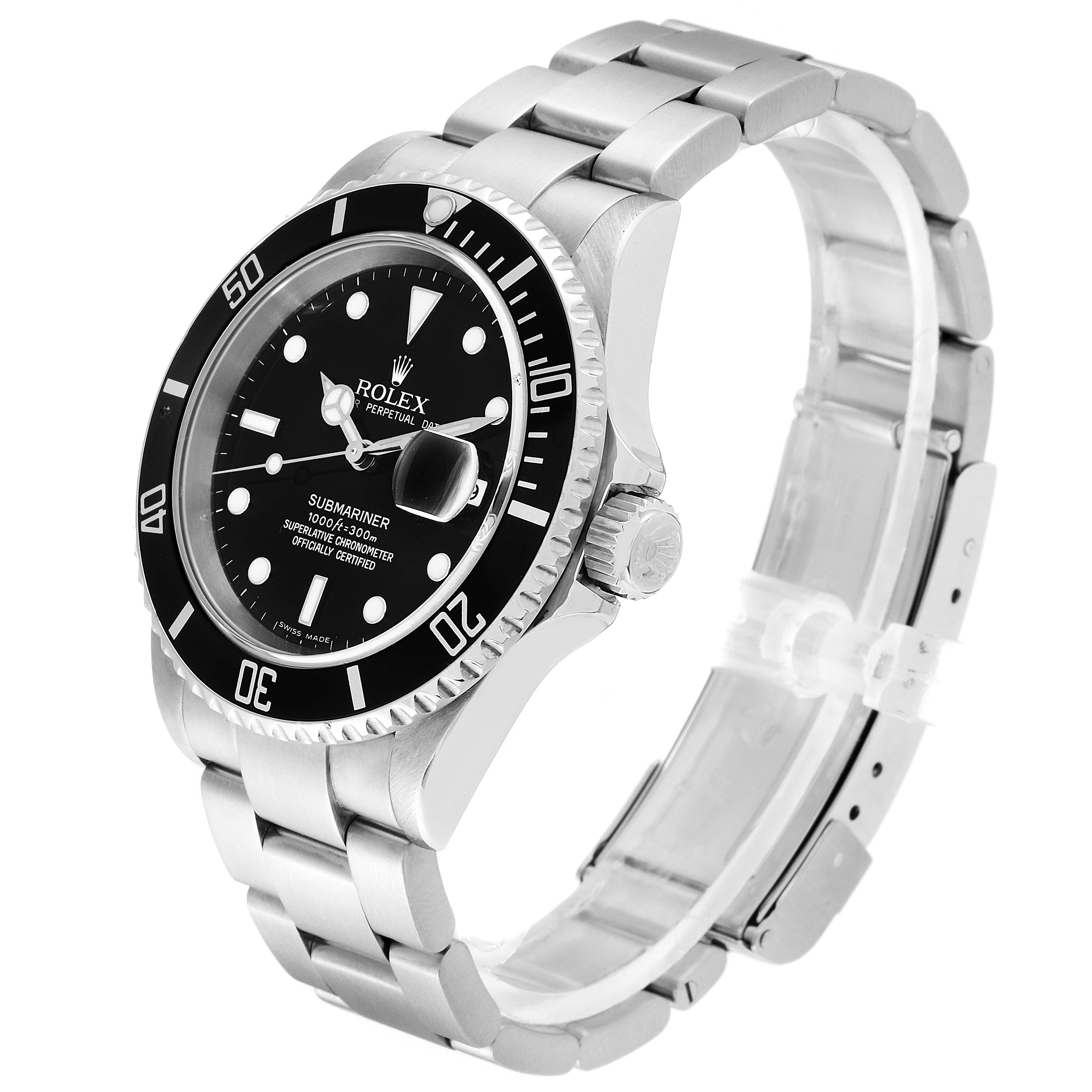 The image shows a side-front angle of the Rolex Submariner 16610 Men
s Stainless Steel Black Dial 16610 Men
s Stainless Steel Black Dial, highlighting the watch face, bezel, crown, and bracelet.