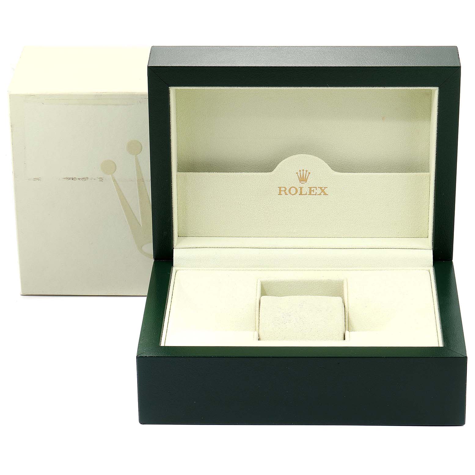 This image shows an open, empty green and beige Rolex Submariner 16610 Men
s Stainless Steel Black Dial 16610 Men
s Stainless Steel Black Dial watch box from a front angle.