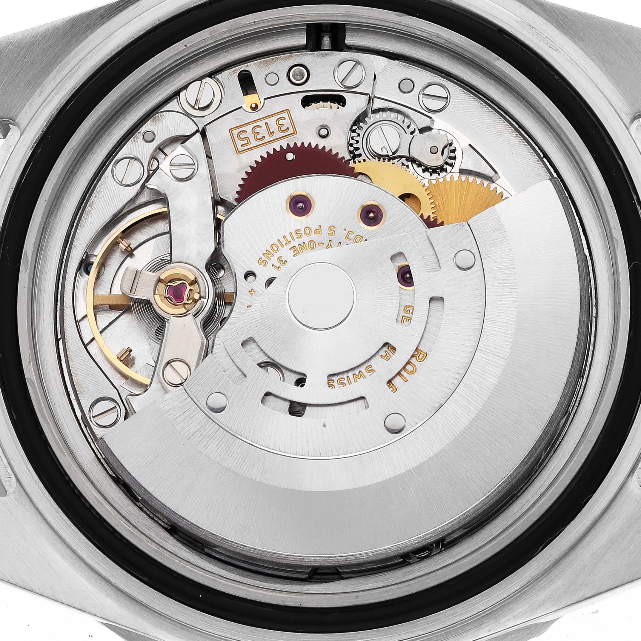 This image shows the movement and inner mechanics of a Rolex Submariner 16610 Men
s Stainless Steel Black Dial 16610 Men
s Stainless Steel Black Dial watch from a close-up angle.