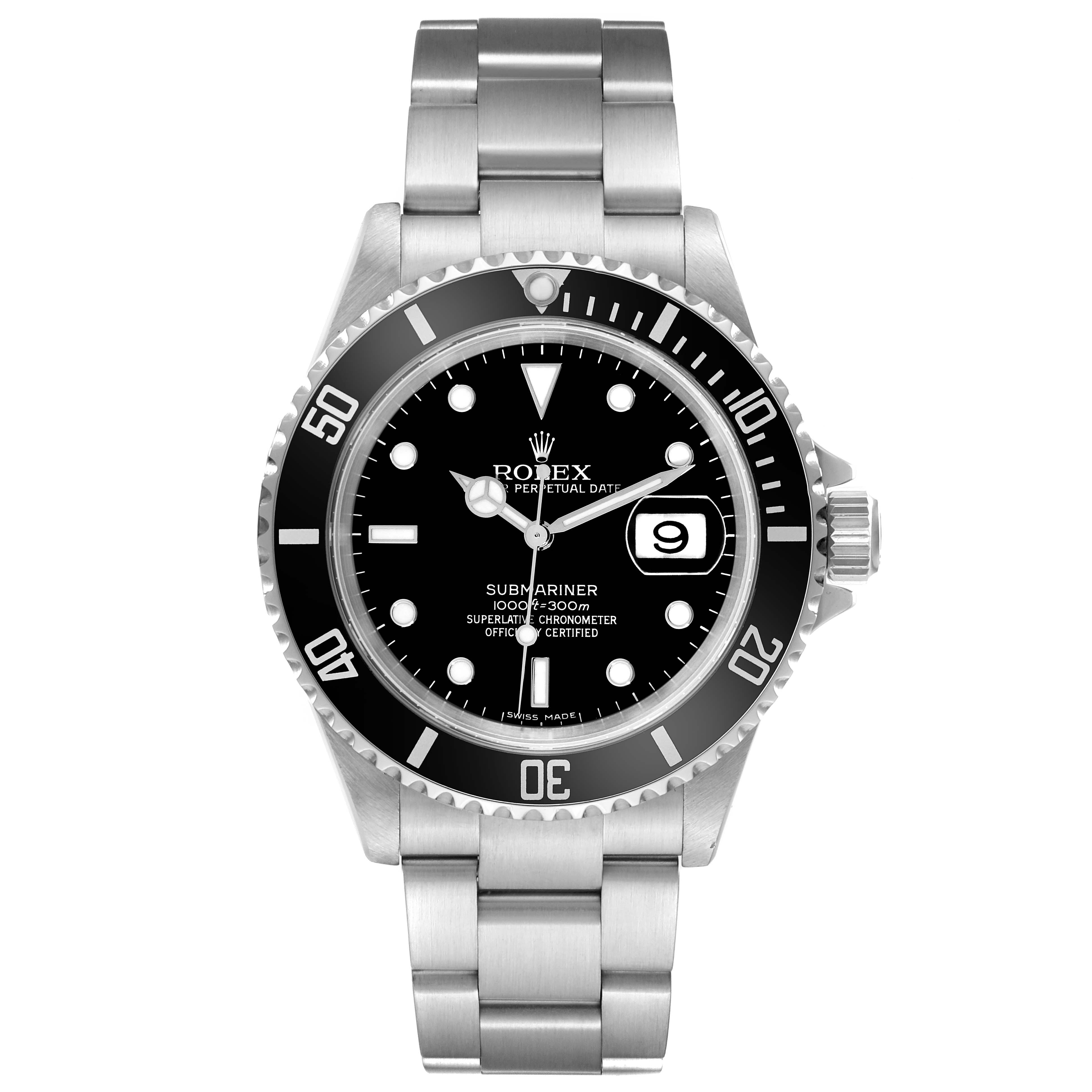 This Rolex Submariner 16610 Men
s Stainless Steel Black Dial 16610 Men
s Stainless Steel Black Dial watch is displayed from a front angle, showing its face, bezel, and bracelet.