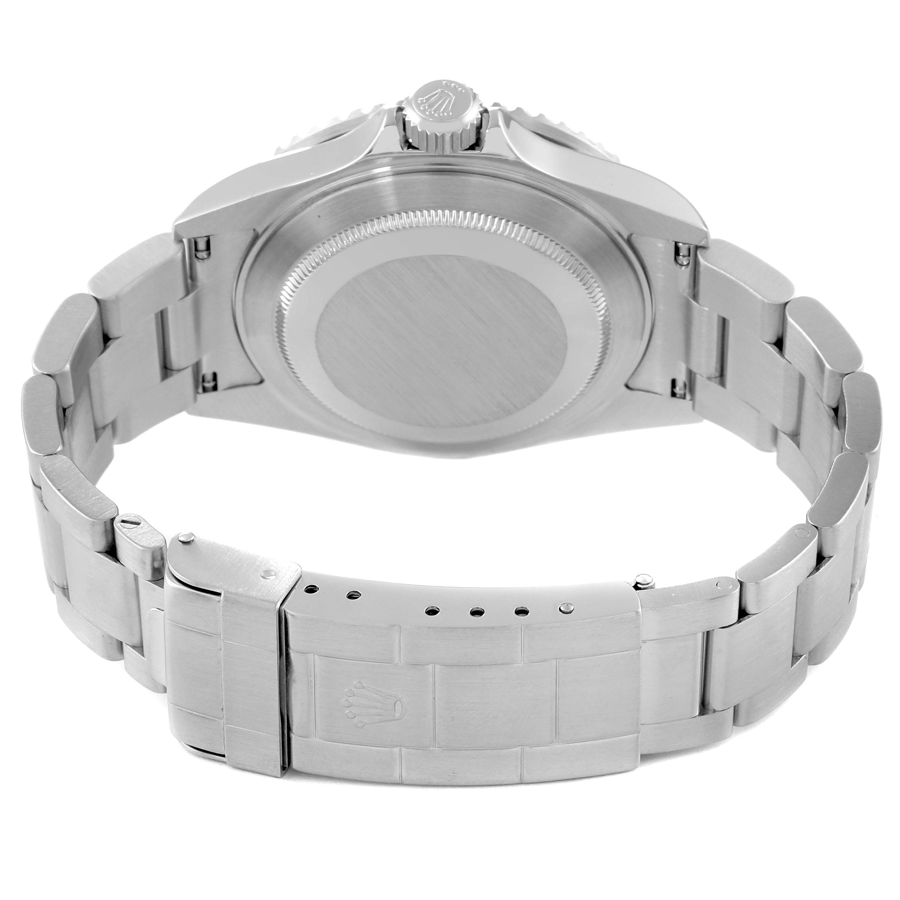 This image shows the back and bracelet of a Rolex Submariner 16610 Men
s Stainless Steel Black Dial 16610 Men
s Stainless Steel Black Dial watch, featuring its clasp and case back.