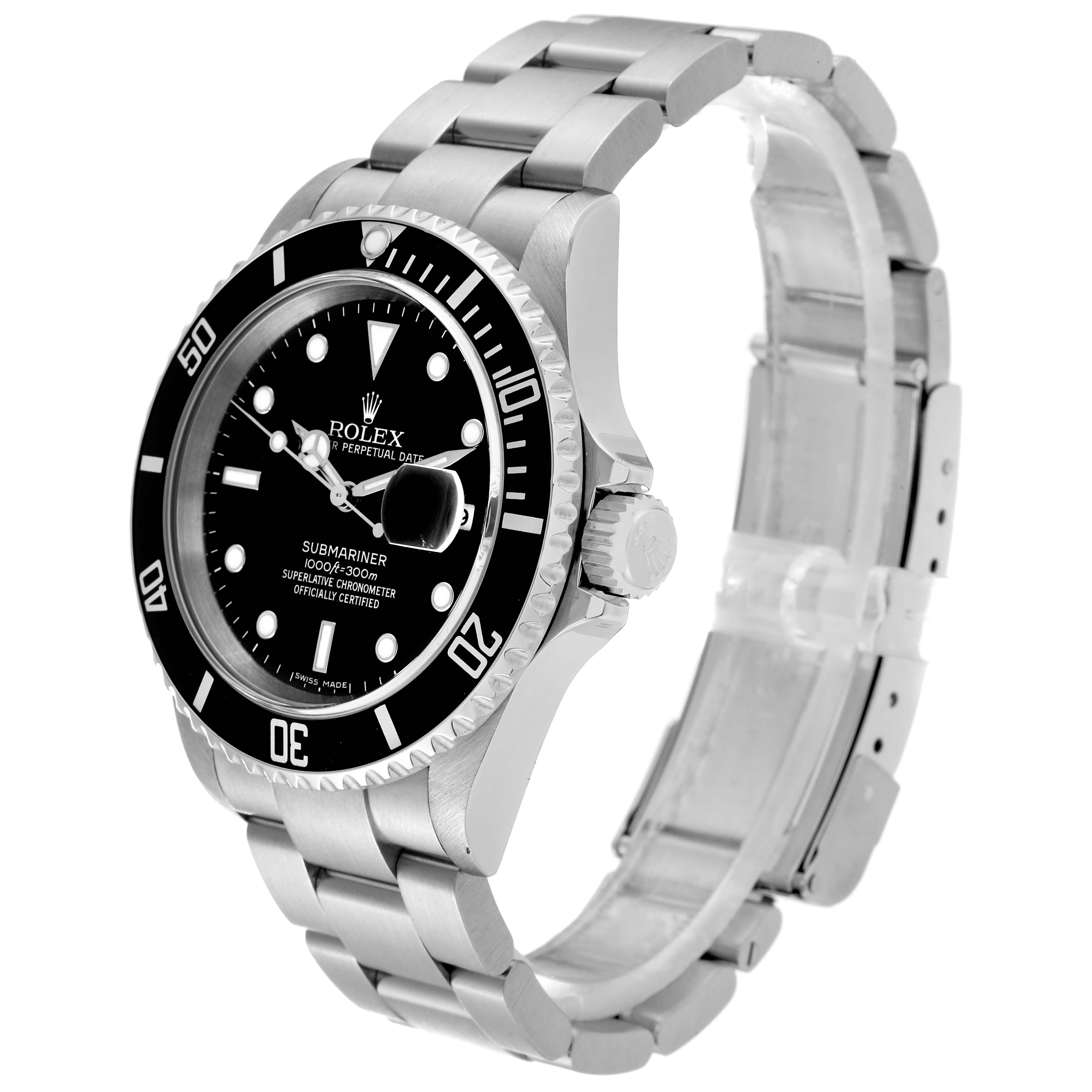 The image shows a side angle of a Rolex Submariner 16610 Men
s Stainless Steel Black Dial 16610 Men
s Stainless Steel Black Dial, highlighting its bezel, dial, crown, and stainless steel bracelet.