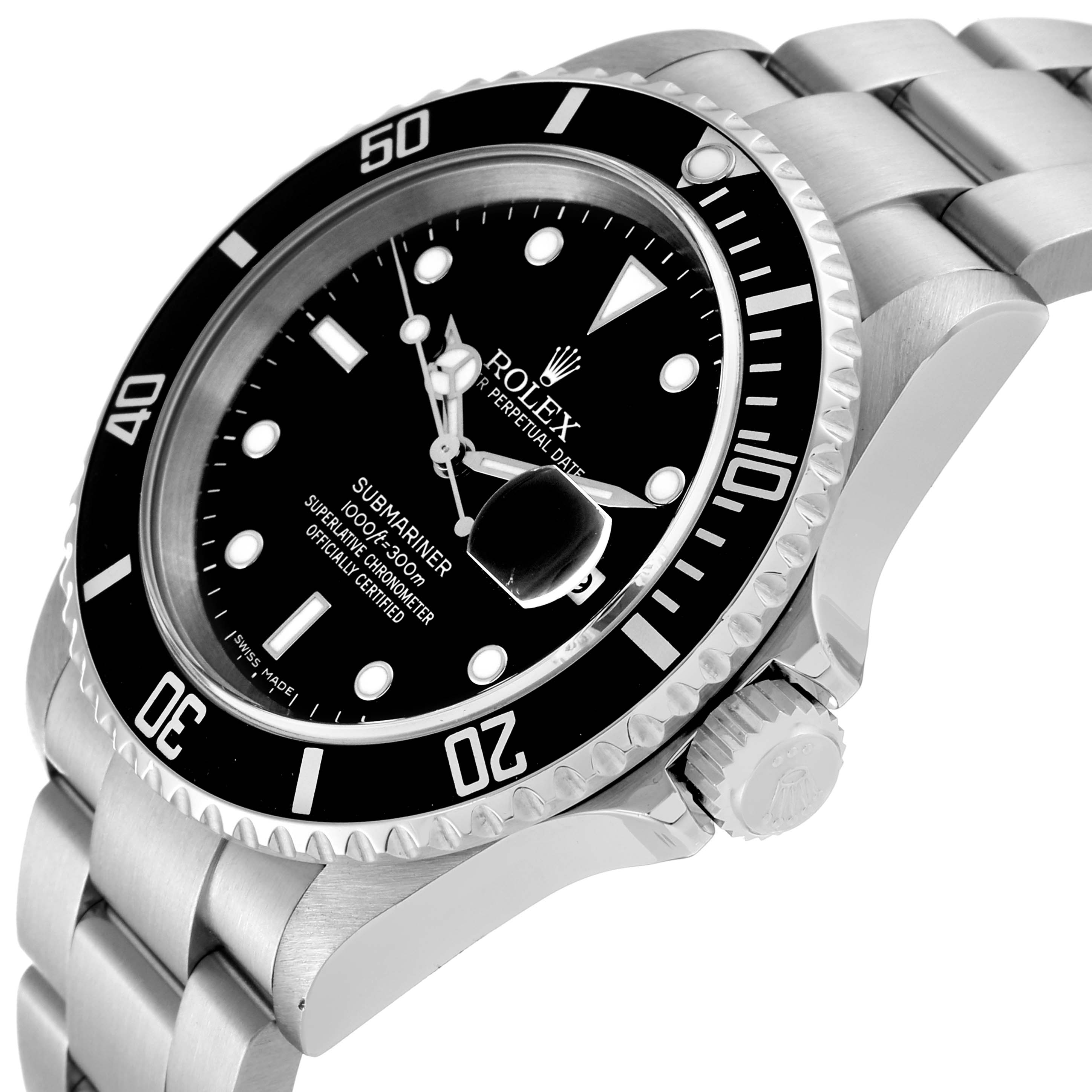 The image shows a close-up, angled view of the Rolex Submariner 16610 Men
s Stainless Steel Black Dial 16610 Men
s Stainless Steel Black Dial, highlighting the watch face, bezel, crown, and part of the bracelet.