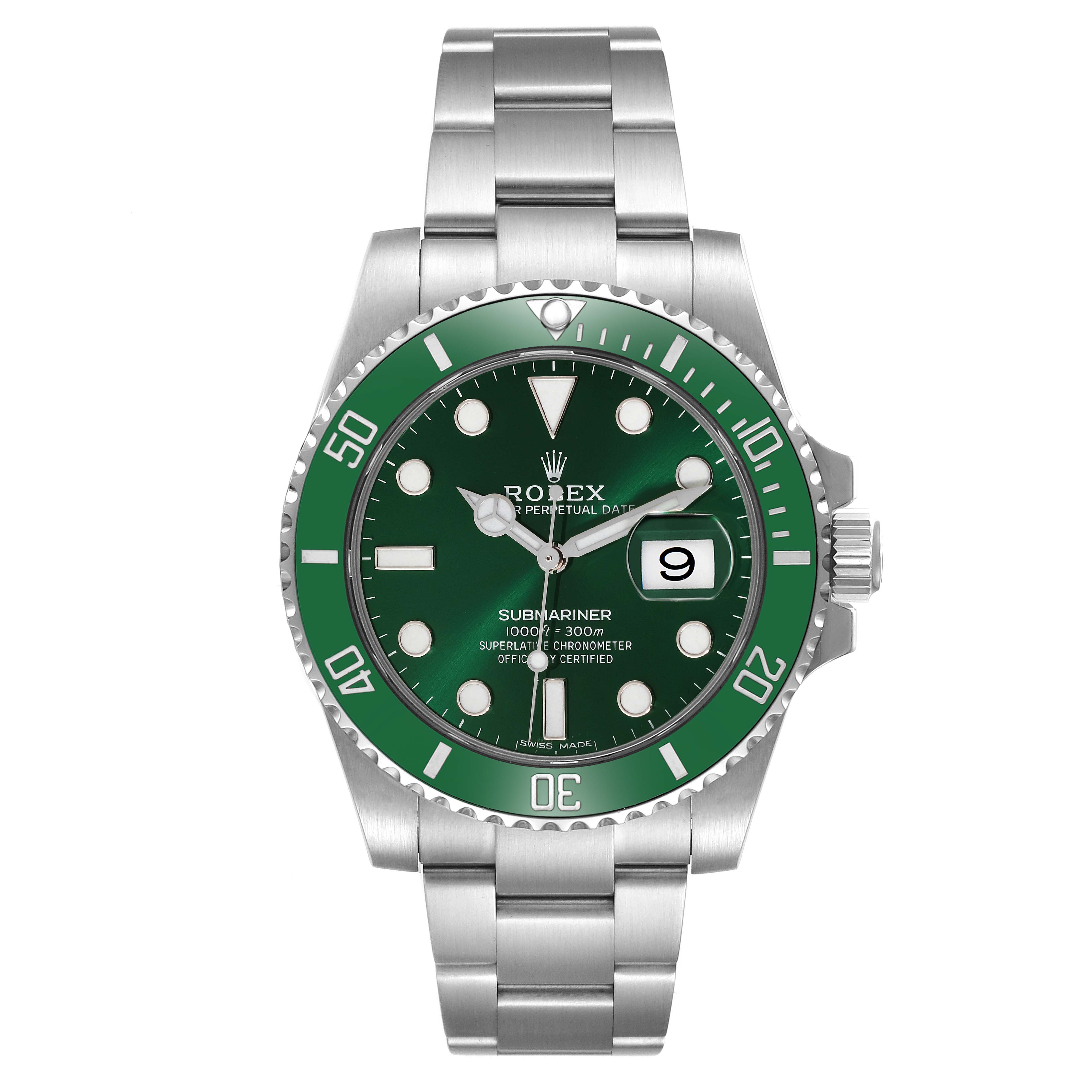 The image shows a front view of a Rolex Submariner 116610LV Men
s Stainless Steel Green Dial 116610LV Men
s Stainless Steel Green Dial watch with a green dial and bezel.