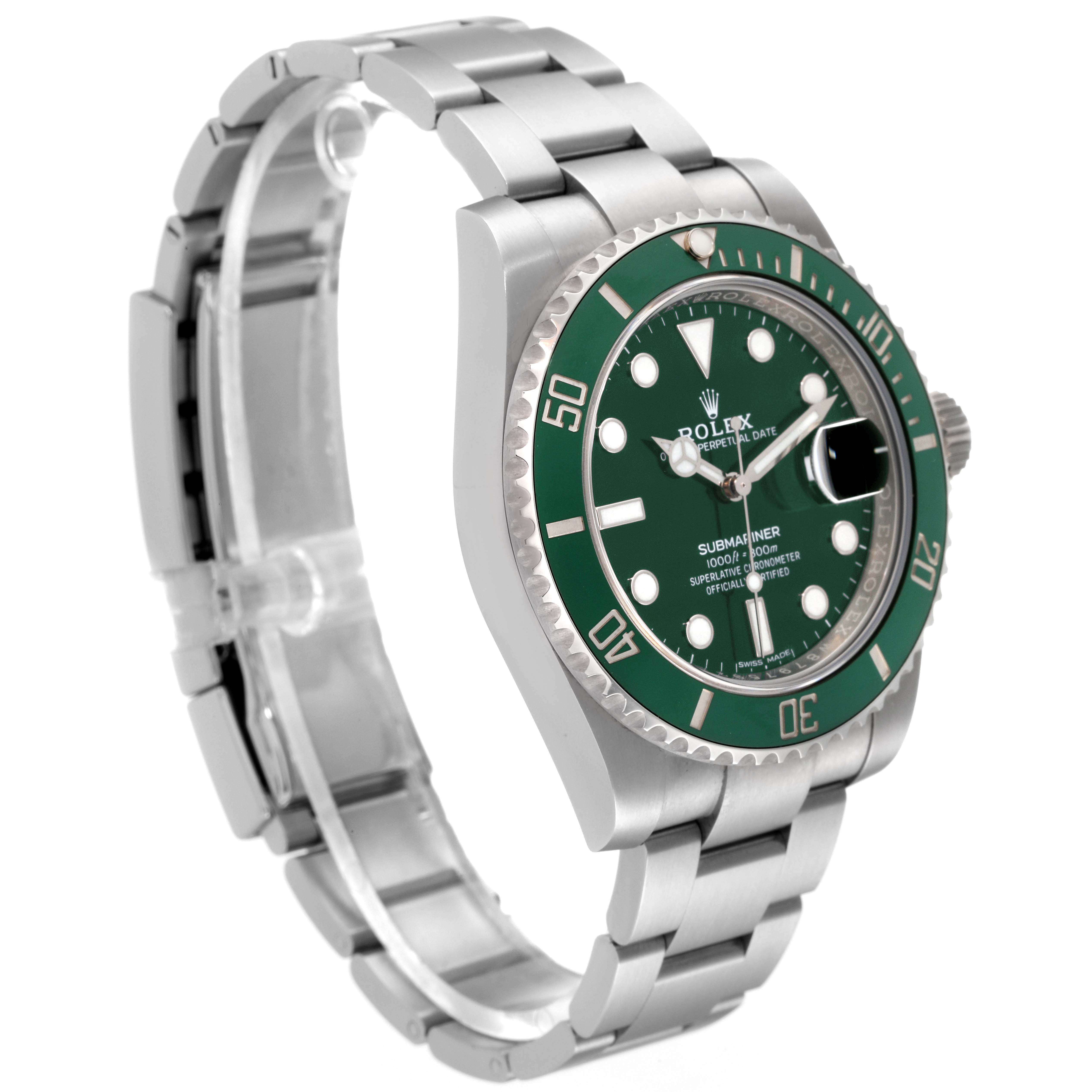 The image shows a three-quarter side profile of a Rolex Submariner 116610LV Men
s Stainless Steel Green Dial 116610LV Men
s Stainless Steel Green Dial watch, showcasing its green dial, bezel, and stainless steel bracelet.