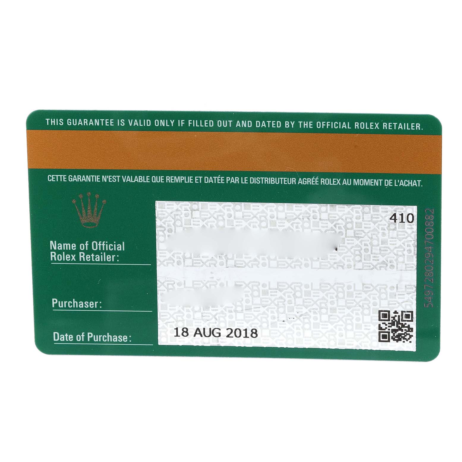 This image shows a Rolex warranty card for the Submariner model, detailing purchase information and retailer details.