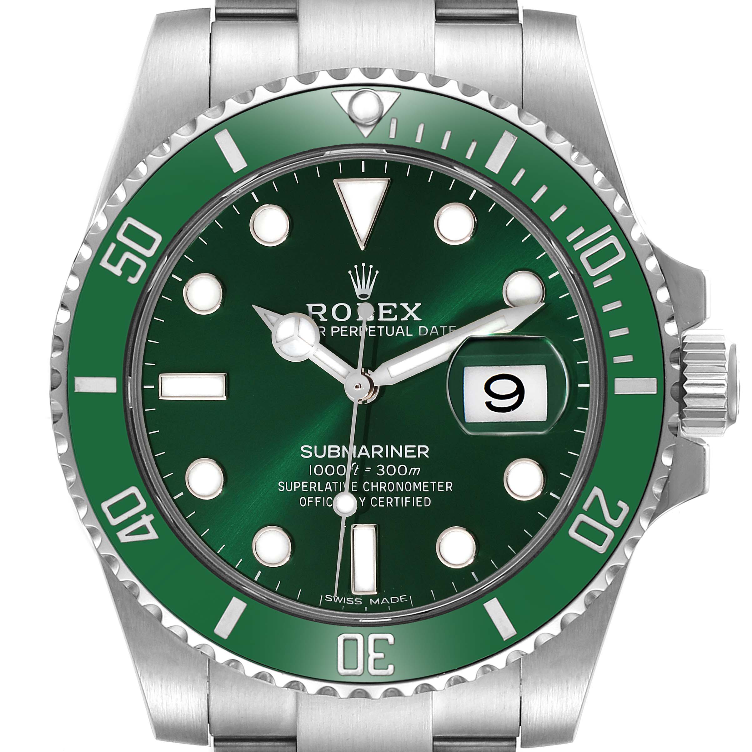 This image shows a front view of a Rolex Submariner 116610LV Men
s Stainless Steel Green Dial 116610LV Men
s Stainless Steel Green Dial watch displaying its green dial, bezel, and the date window.