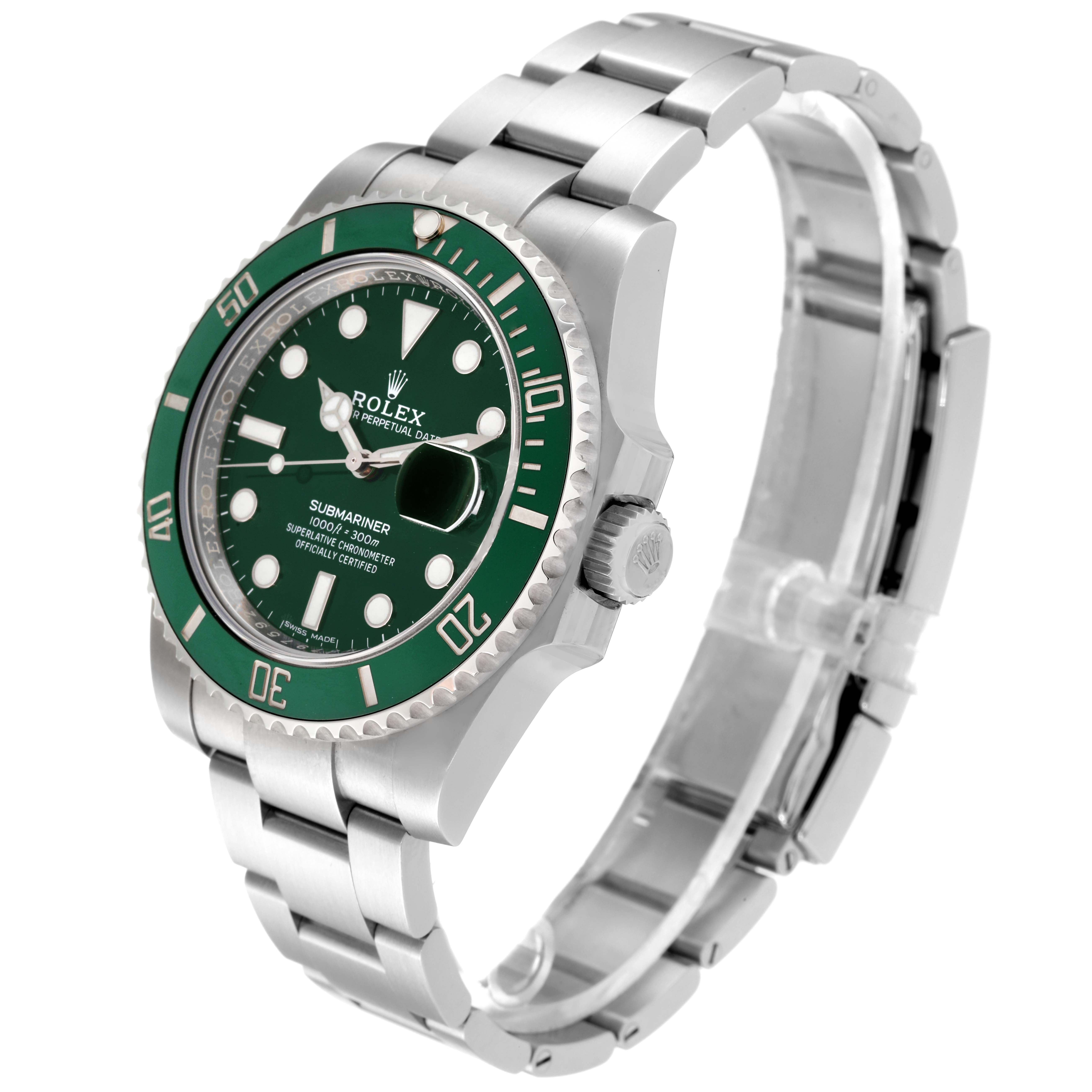 The Rolex Submariner 116610LV Men
s Stainless Steel Green Dial 116610LV Men
s Stainless Steel Green Dial is shown at a three-quarter angle highlighting the watch face, bezel, crown, and metal bracelet.