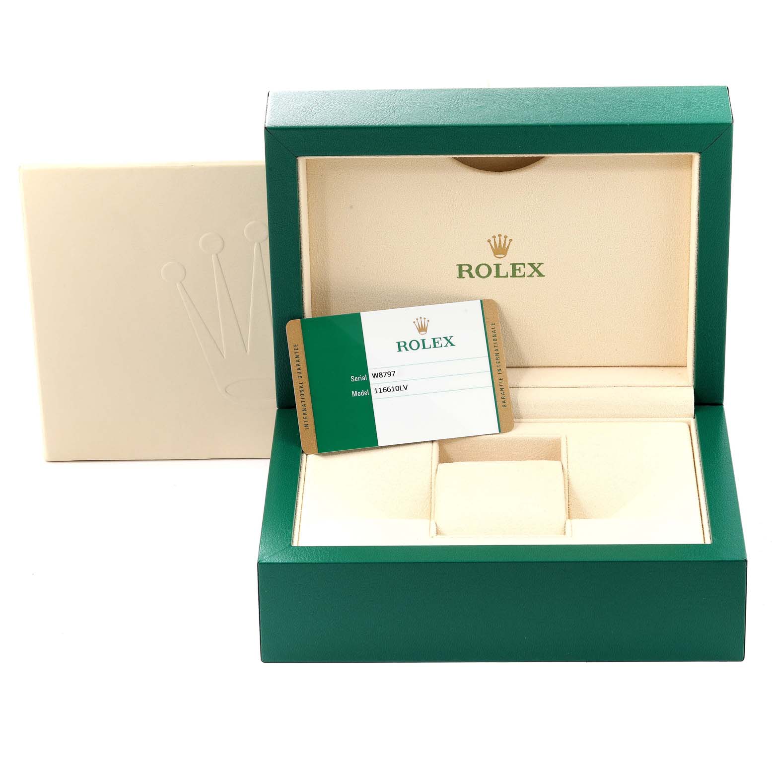 This image shows an open Rolex Submariner 116610LV Men
s Stainless Steel Green Dial 116610LV Men
s Stainless Steel Green Dial watch box with a warranty card angled inside.