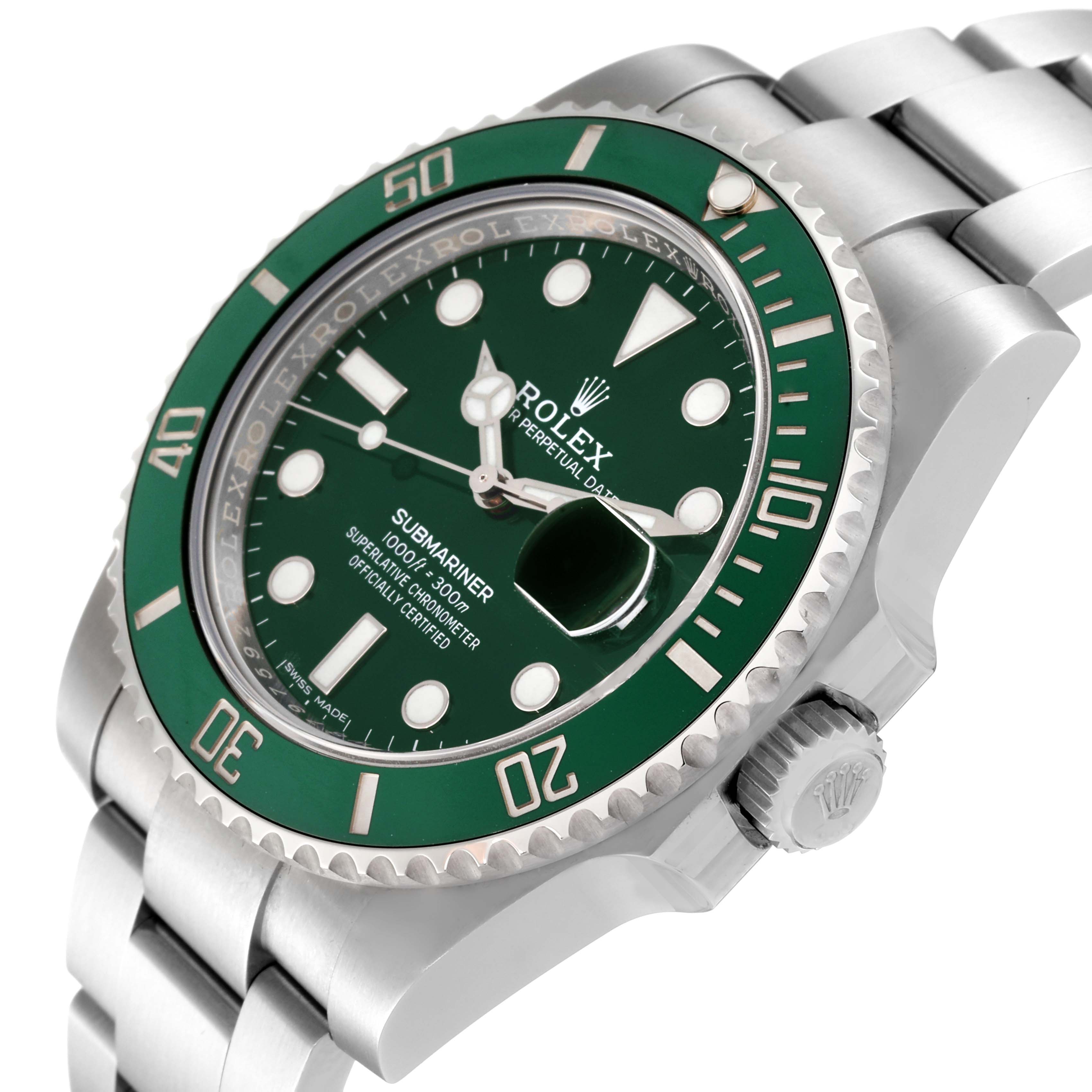 The image shows a close-up angled view of the Rolex Submariner 116610LV Men
s Stainless Steel Green Dial 116610LV Men
s Stainless Steel Green Dial watch, emphasizing its green bezel and crown.