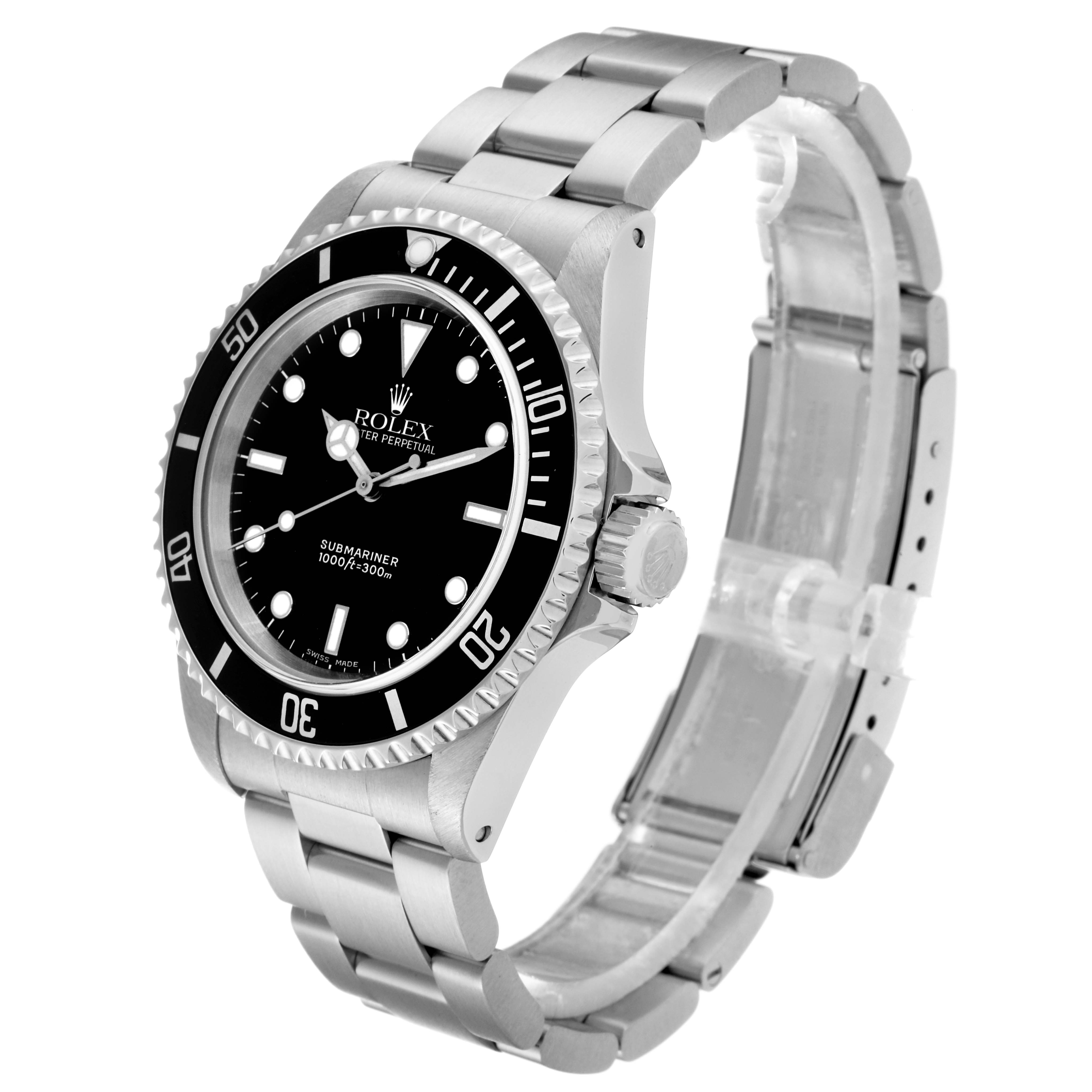 This image shows a left side view of a Rolex Submariner 14060M Men's Stainless Steel Black Dial 14060M Men's Stainless Steel Black Dial, highlighting its black dial, rotating bezel, and stainless steel bracelet.
