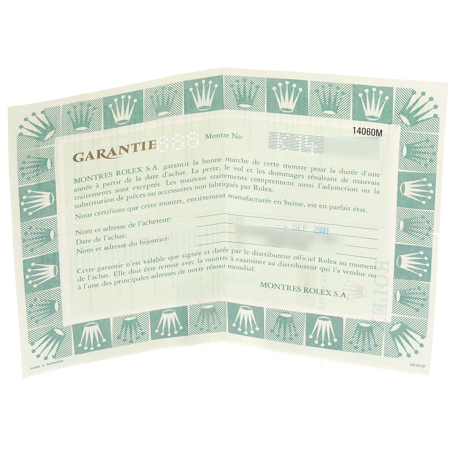 The image shows the warranty card for the Rolex Submariner 14060M Men's Stainless Steel Black Dial 14060M Men's Stainless Steel Black Dial model.