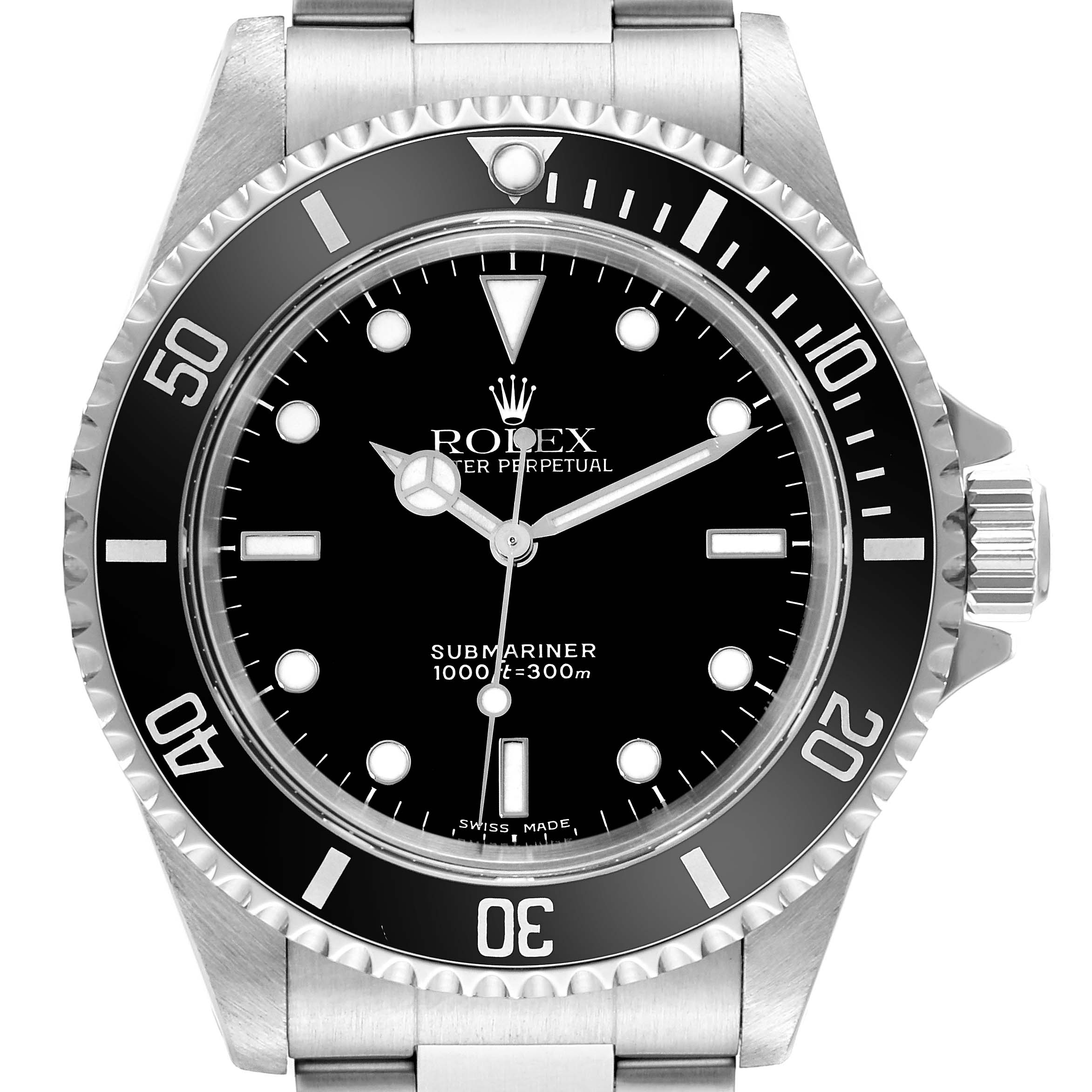 The image shows a front view of the Rolex Submariner 14060M Men's Stainless Steel Black Dial 14060M Men's Stainless Steel Black Dial watch, highlighting its face, bezel, and part of the bracelet.