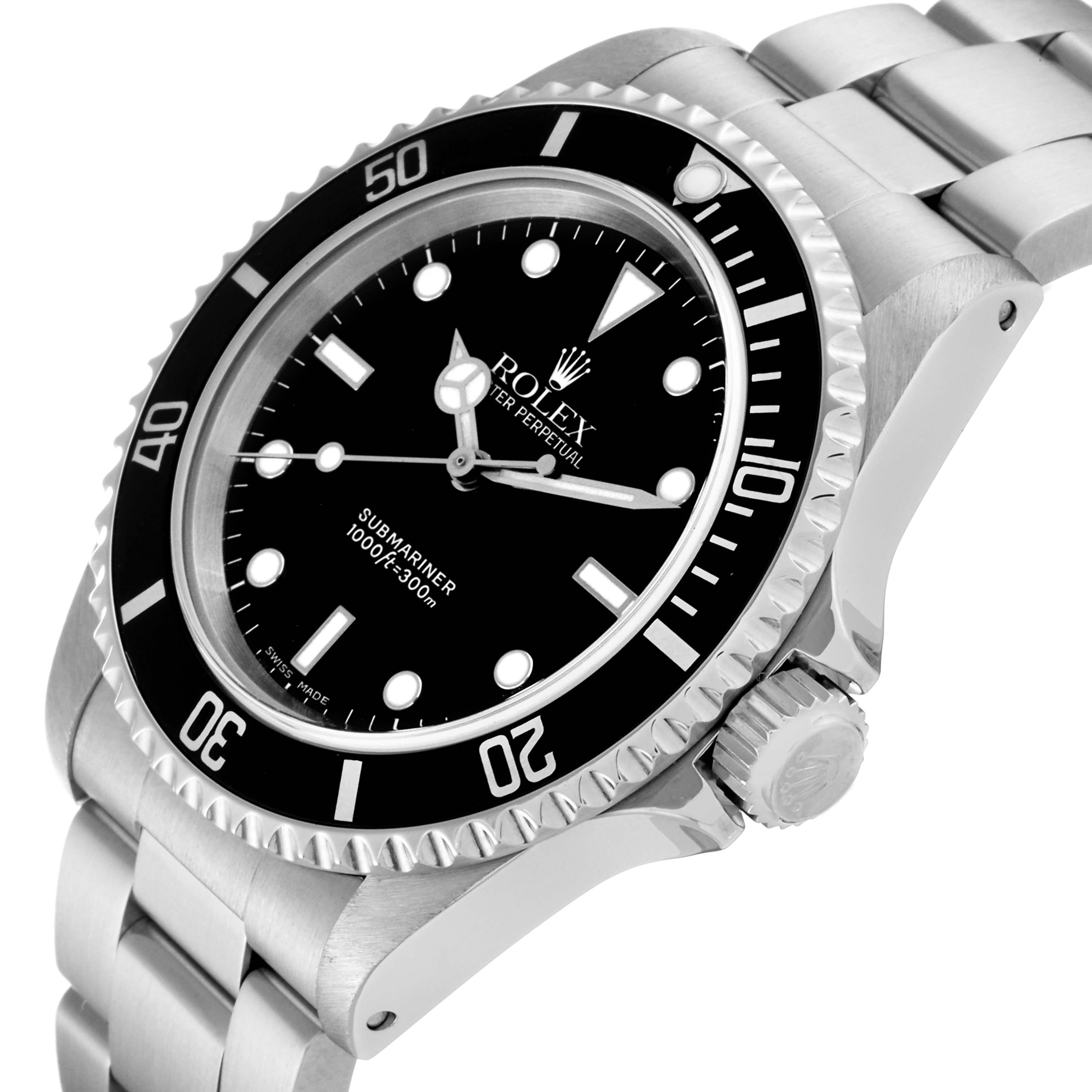 The image shows a Rolex Submariner 14060M Men's Stainless Steel Black Dial 14060M Men's Stainless Steel Black Dial watch at an angled view, highlighting its bezel, dial, crown, and bracelet links.