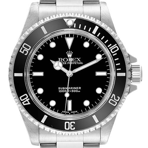 This image shows a front view of the Rolex Submariner watch, displaying its bezel, dial, hands, and bracelet.