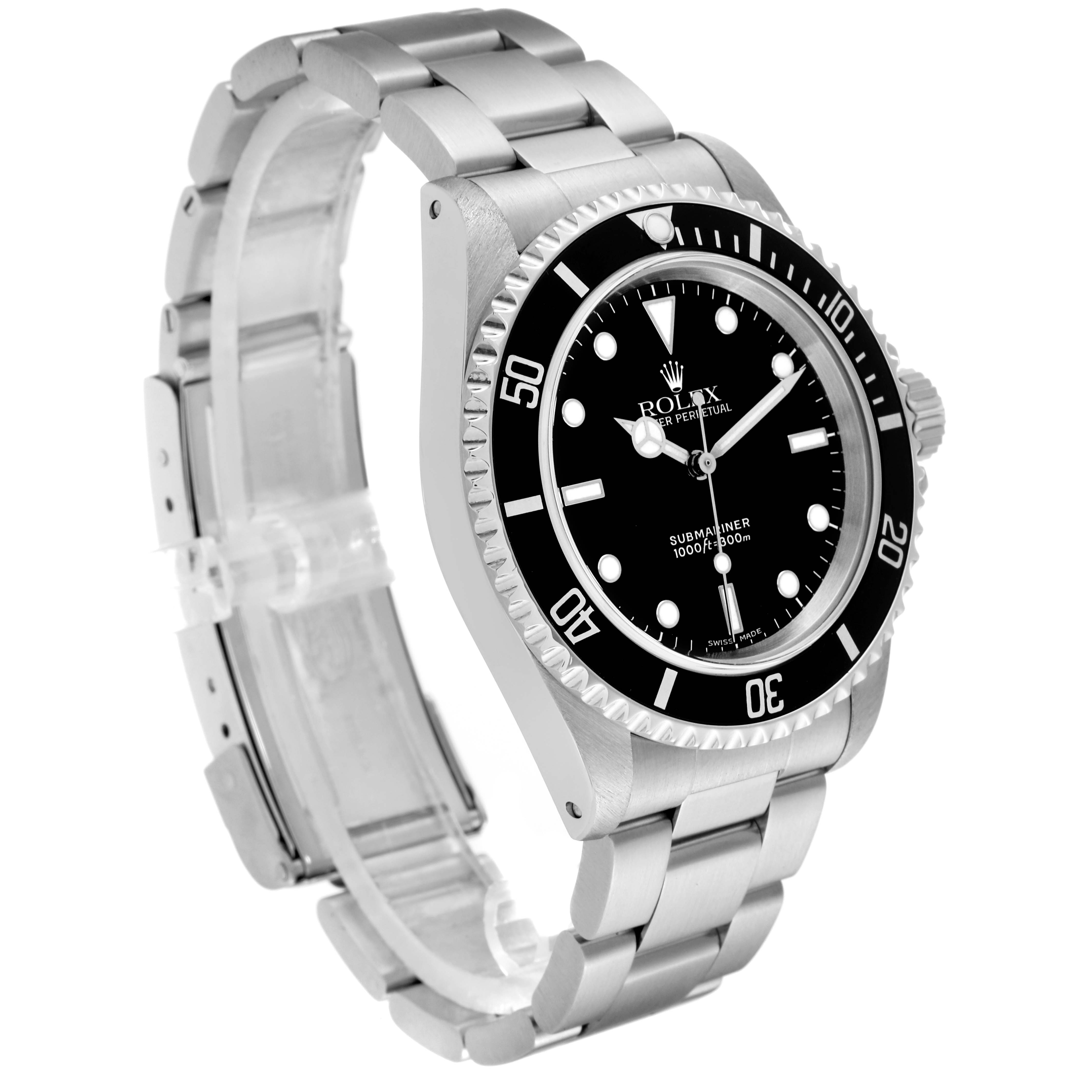 The Rolex Submariner 14060M Men's Stainless Steel Black Dial 14060M Men's Stainless Steel Black Dial watch is shown at a three-quarter angle, displaying the face, bezel, bracelet, and crown.