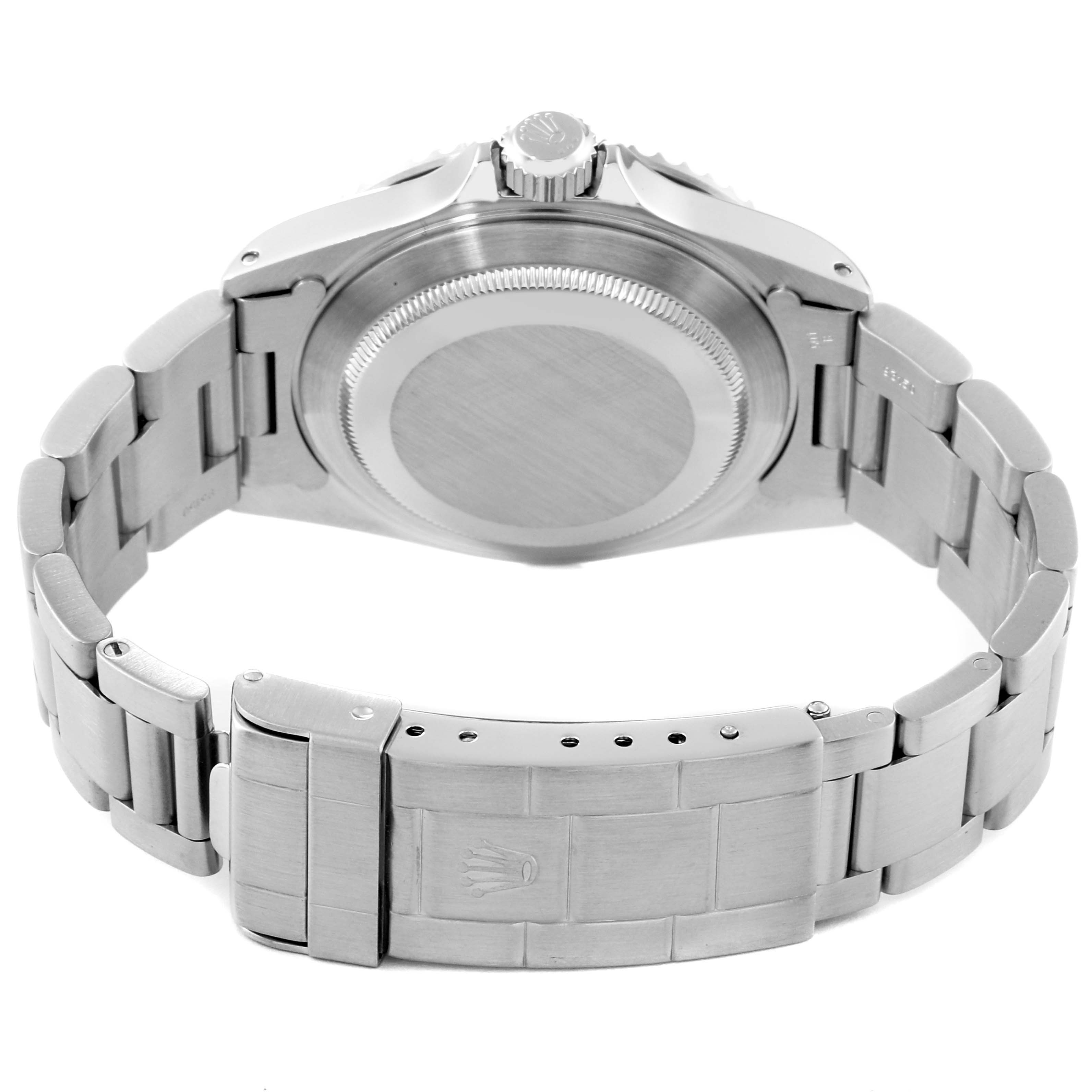 The image shows the back view of a Rolex Submariner 14060M Men's Stainless Steel Black Dial 14060M Men's Stainless Steel Black Dial watch, highlighting the case back, bracelet, and clasp.