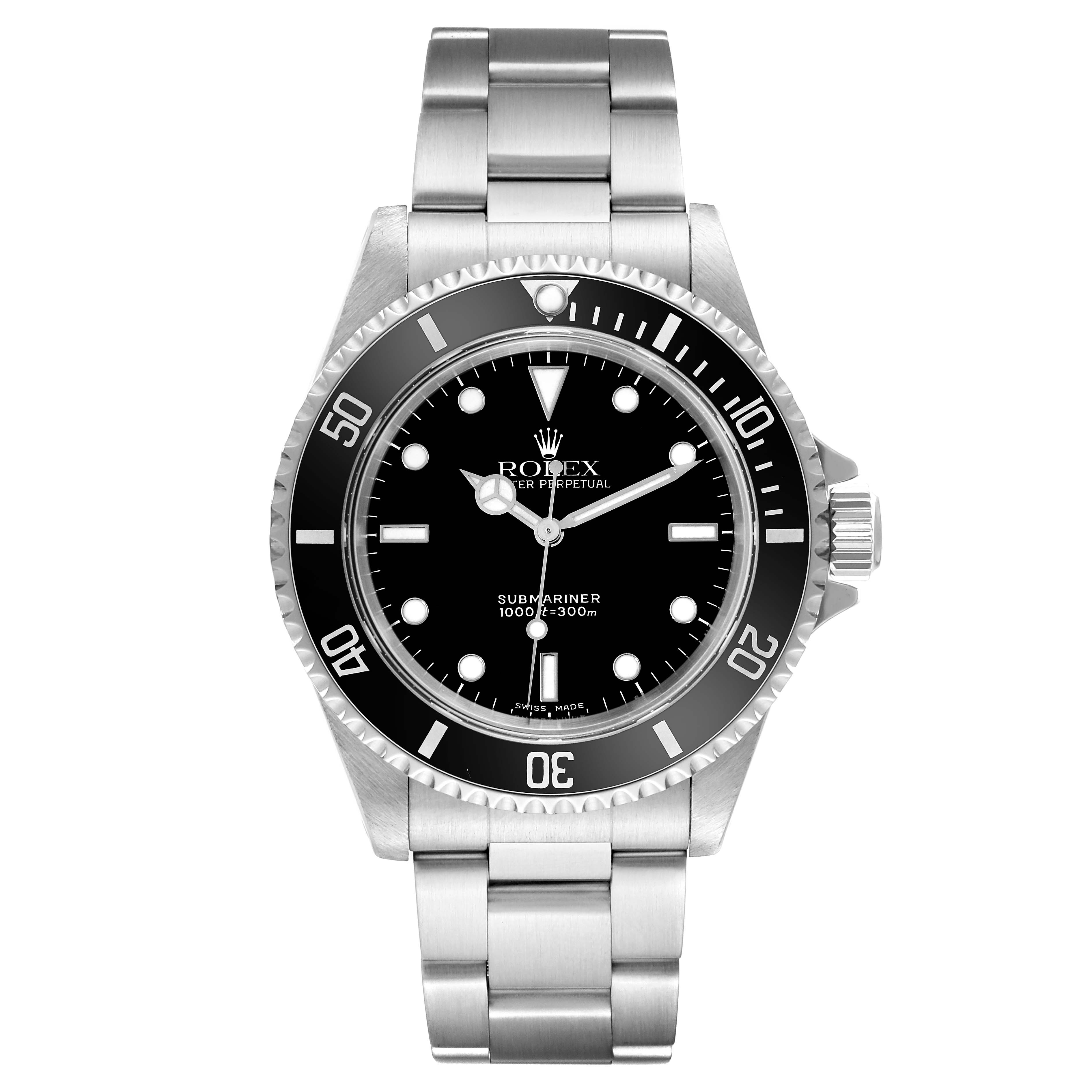 The image shows a front view of a Rolex Submariner 14060M Men's Stainless Steel Black Dial 14060M Men's Stainless Steel Black Dial watch, displaying the face, bezel, and bracelet.