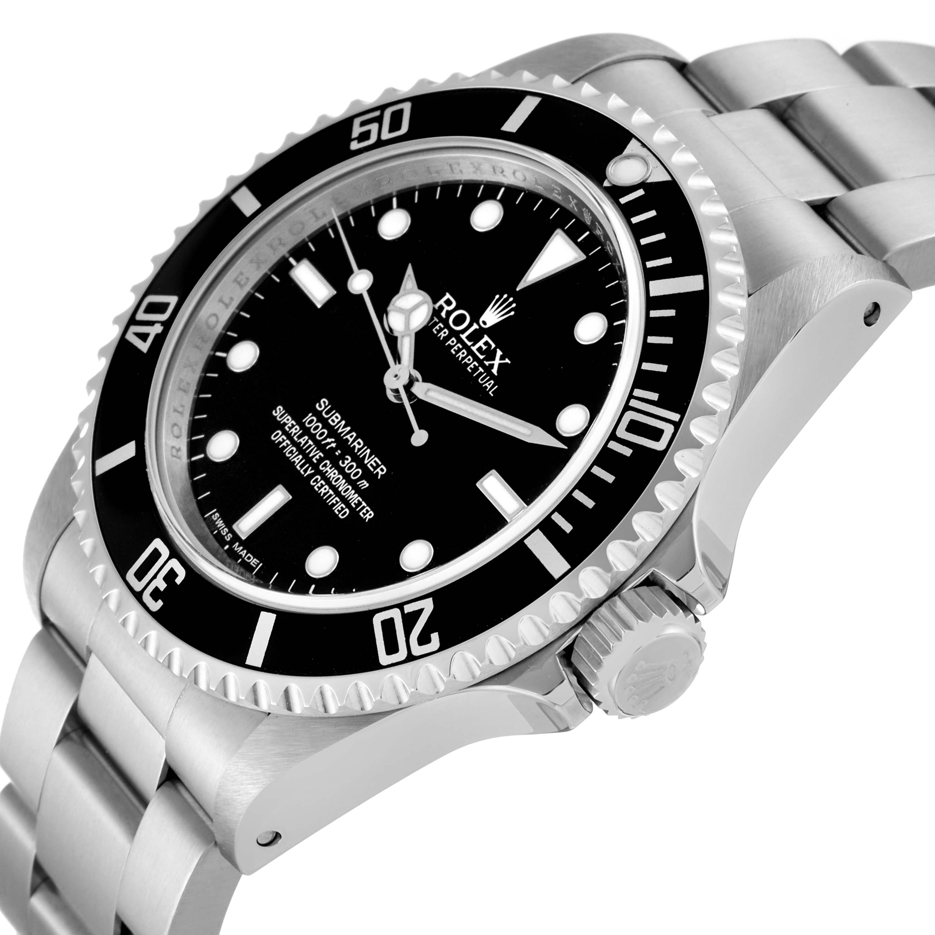 The image shows a close-up side angle of the Rolex Submariner 14060M Men
s Stainless Steel Black Dial 14060M Men
s Stainless Steel Black Dial, highlighting its black dial, bezel, and oyster bracelet.