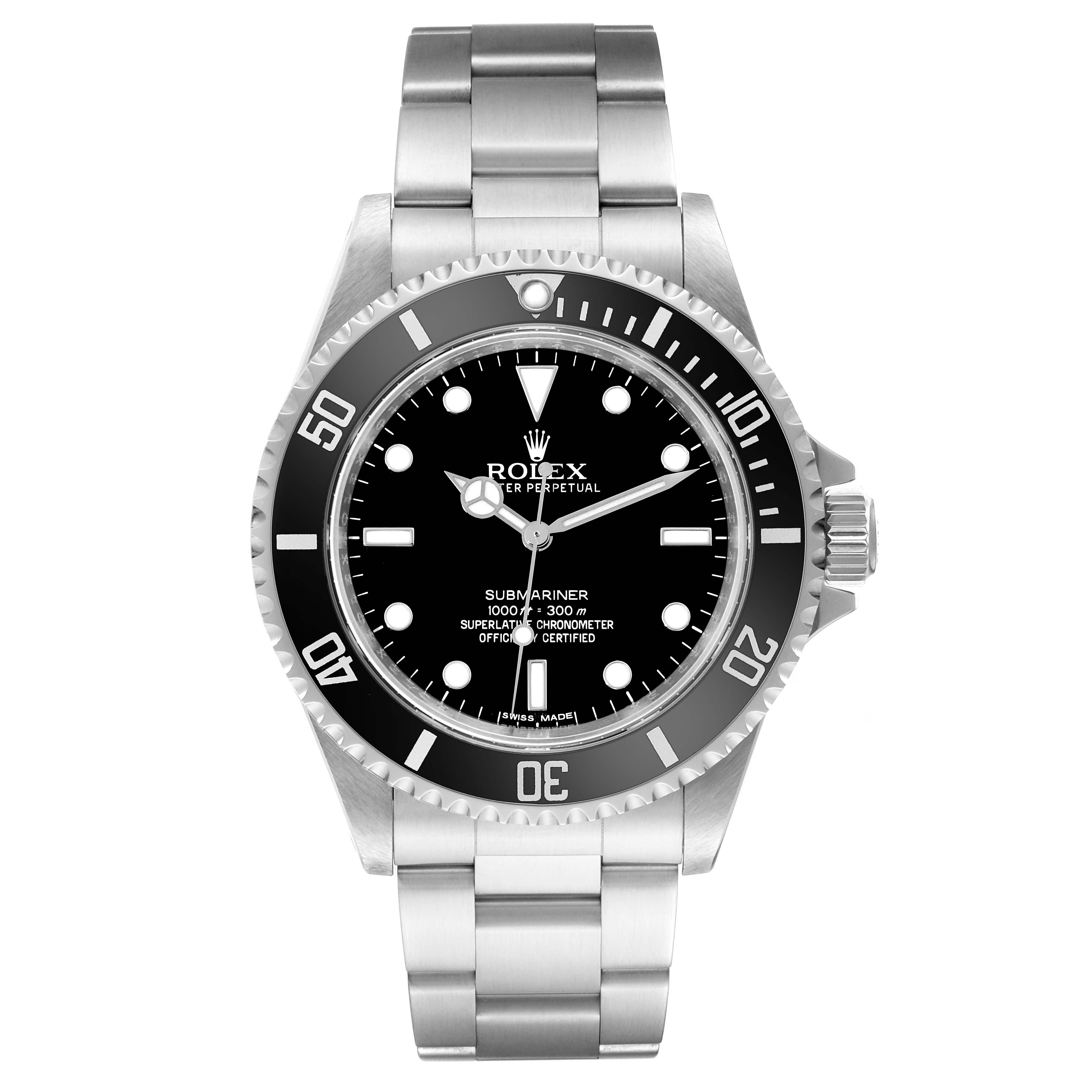 The image shows a front view of the Rolex Submariner 14060M Men
s Stainless Steel Black Dial 14060M Men
s Stainless Steel Black Dial watch, displaying the bracelet, bezel, dial, and hands.