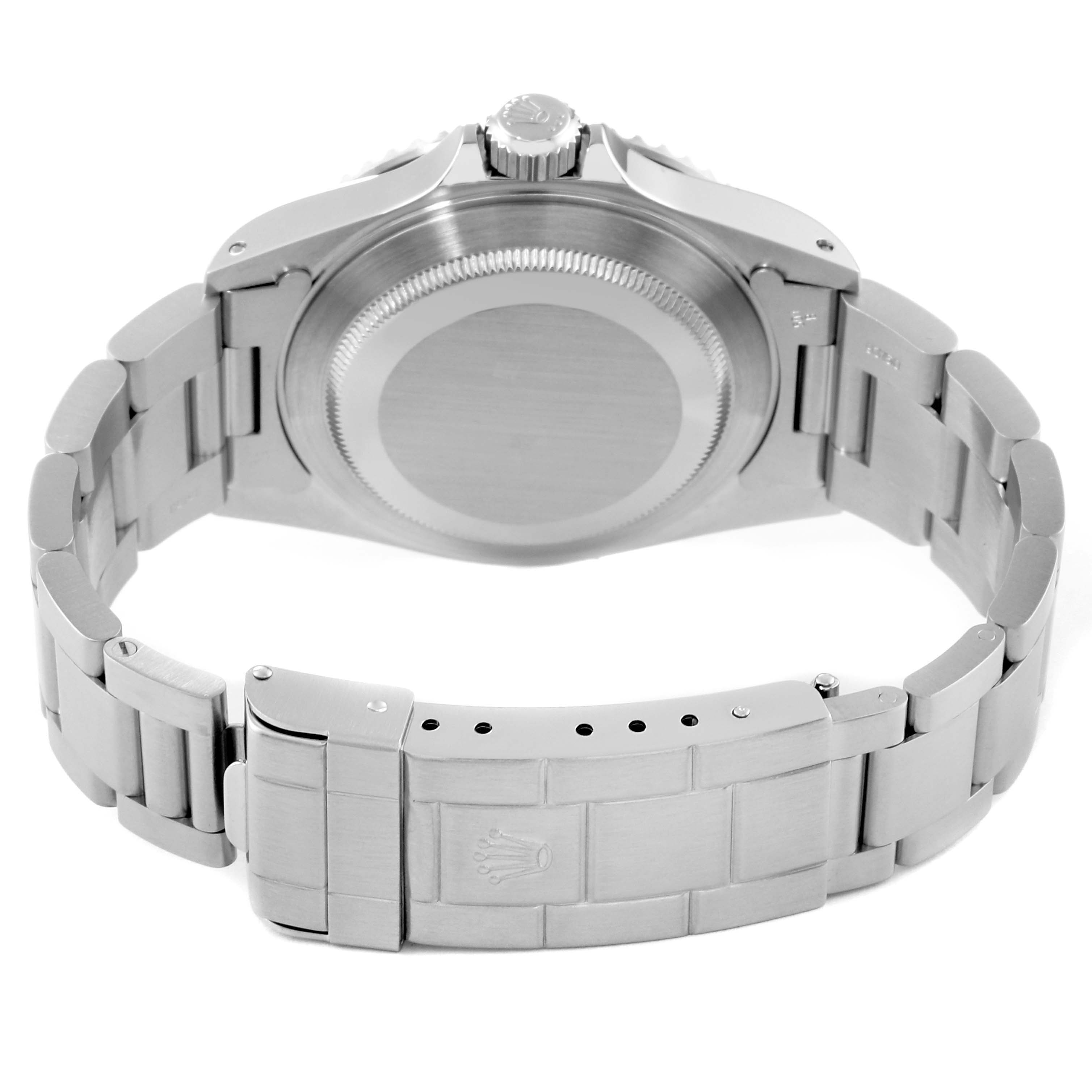 The image shows the back side of a Rolex Submariner 14060M Men
s Stainless Steel Black Dial 14060M Men
s Stainless Steel Black Dial watch, highlighting the case back and bracelet clasp.