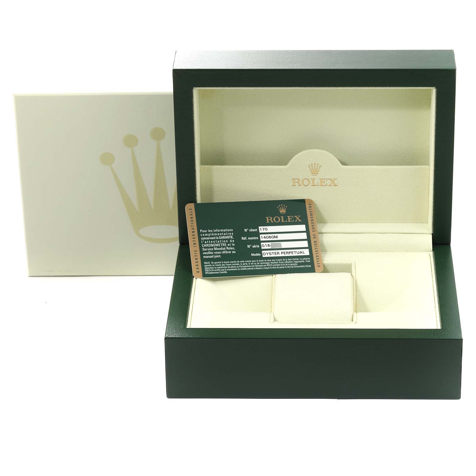 The image shows the packaging and warranty card for a Rolex Submariner 14060M Men
s Stainless Steel Black Dial 14060M Men
s Stainless Steel Black Dial watch.