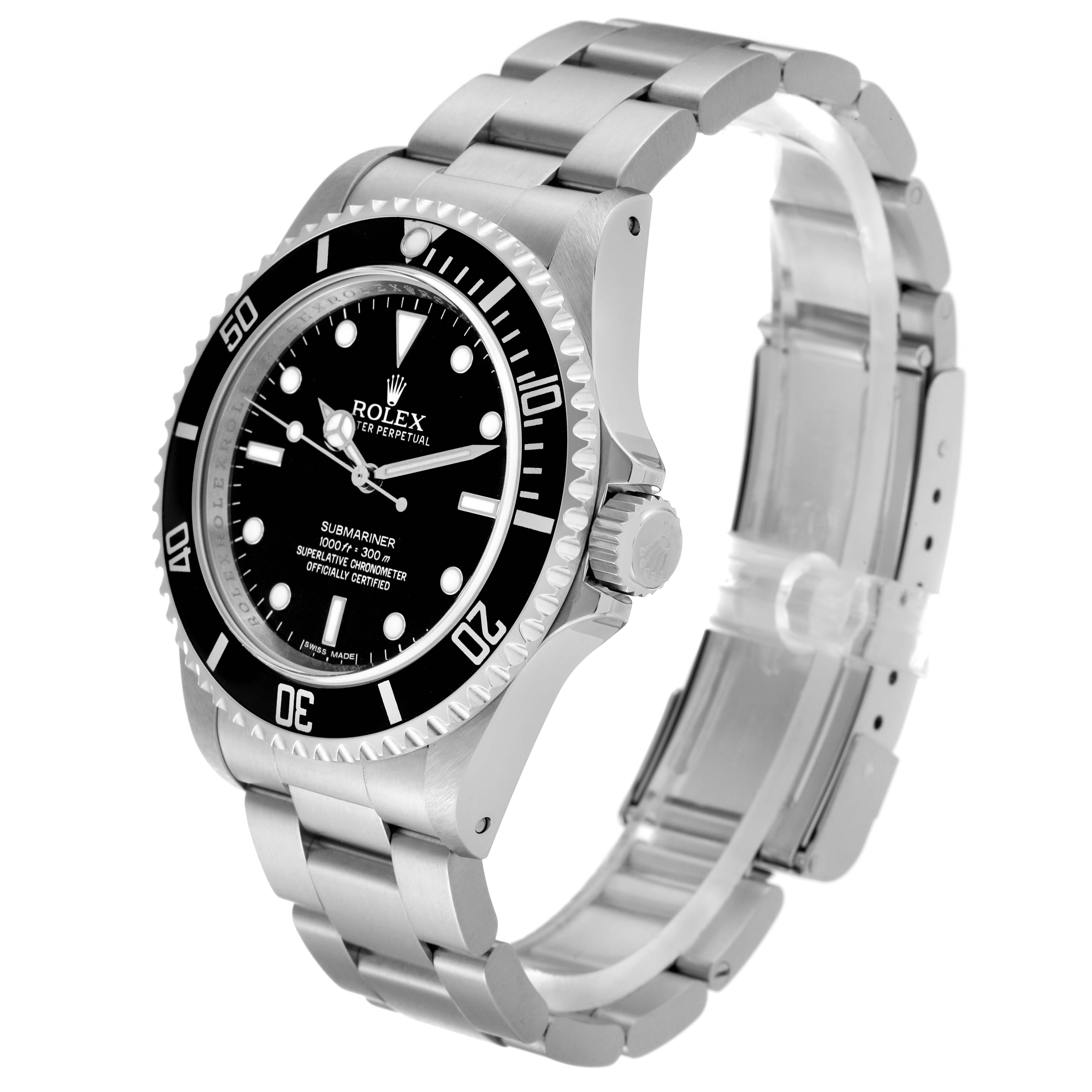 The image shows a side angle of the Rolex Submariner 14060M Men
s Stainless Steel Black Dial 14060M Men
s Stainless Steel Black Dial watch, displaying its face, bezel, crown, and metallic bracelet.