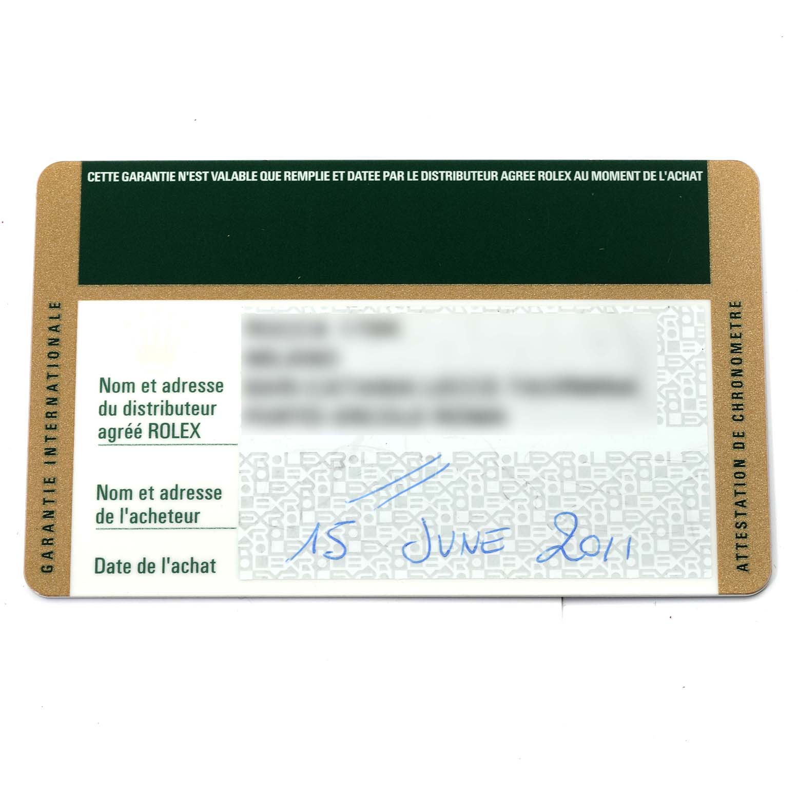 This is a warranty card for the Rolex Submariner 14060M Men
s Stainless Steel Black Dial 14060M Men
s Stainless Steel Black Dial watch, shown from a top-down angle.