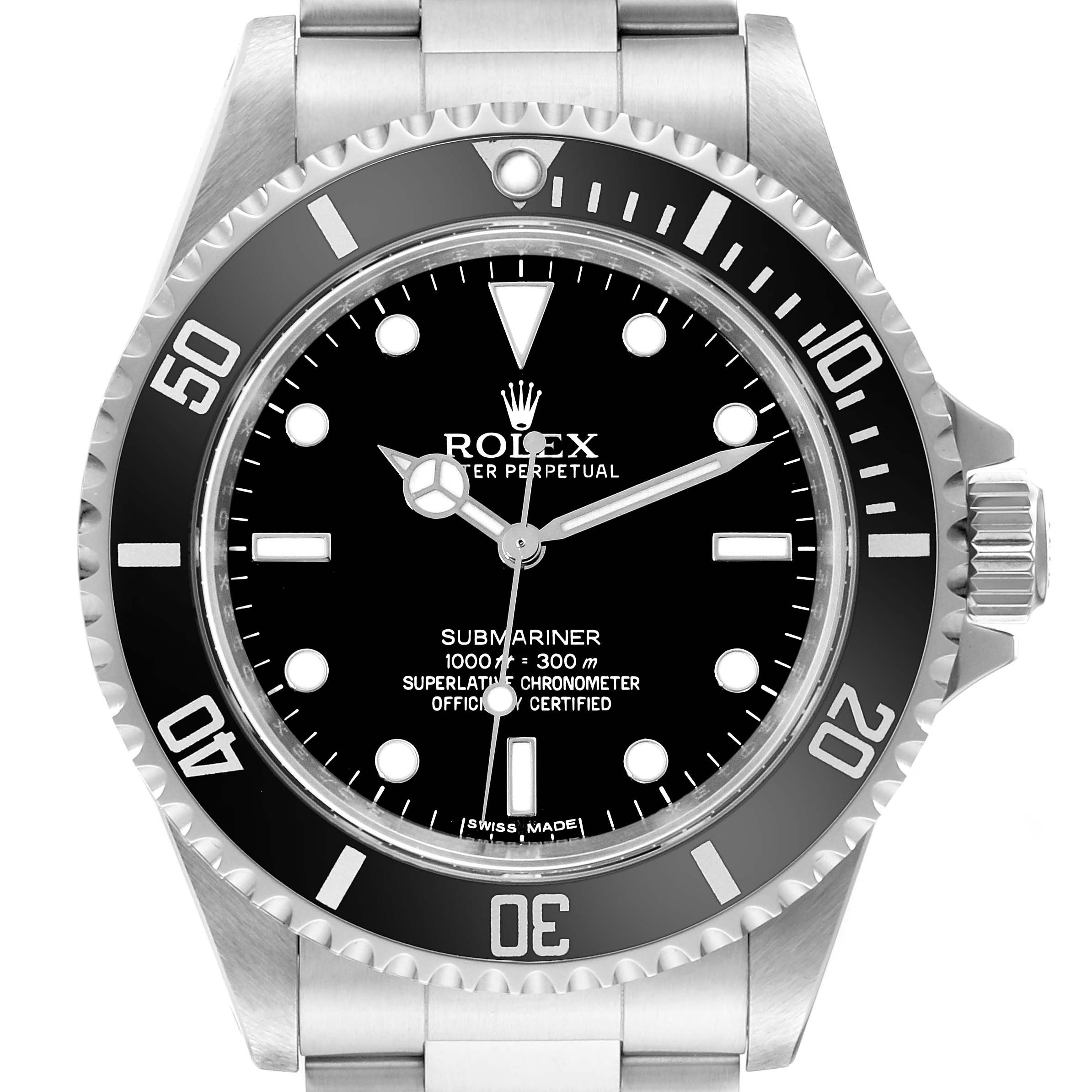 The image showcases a frontal view of the Rolex Submariner 14060M Men
s Stainless Steel Black Dial 14060M Men
s Stainless Steel Black Dial, displaying its dial, bezel, and crown.