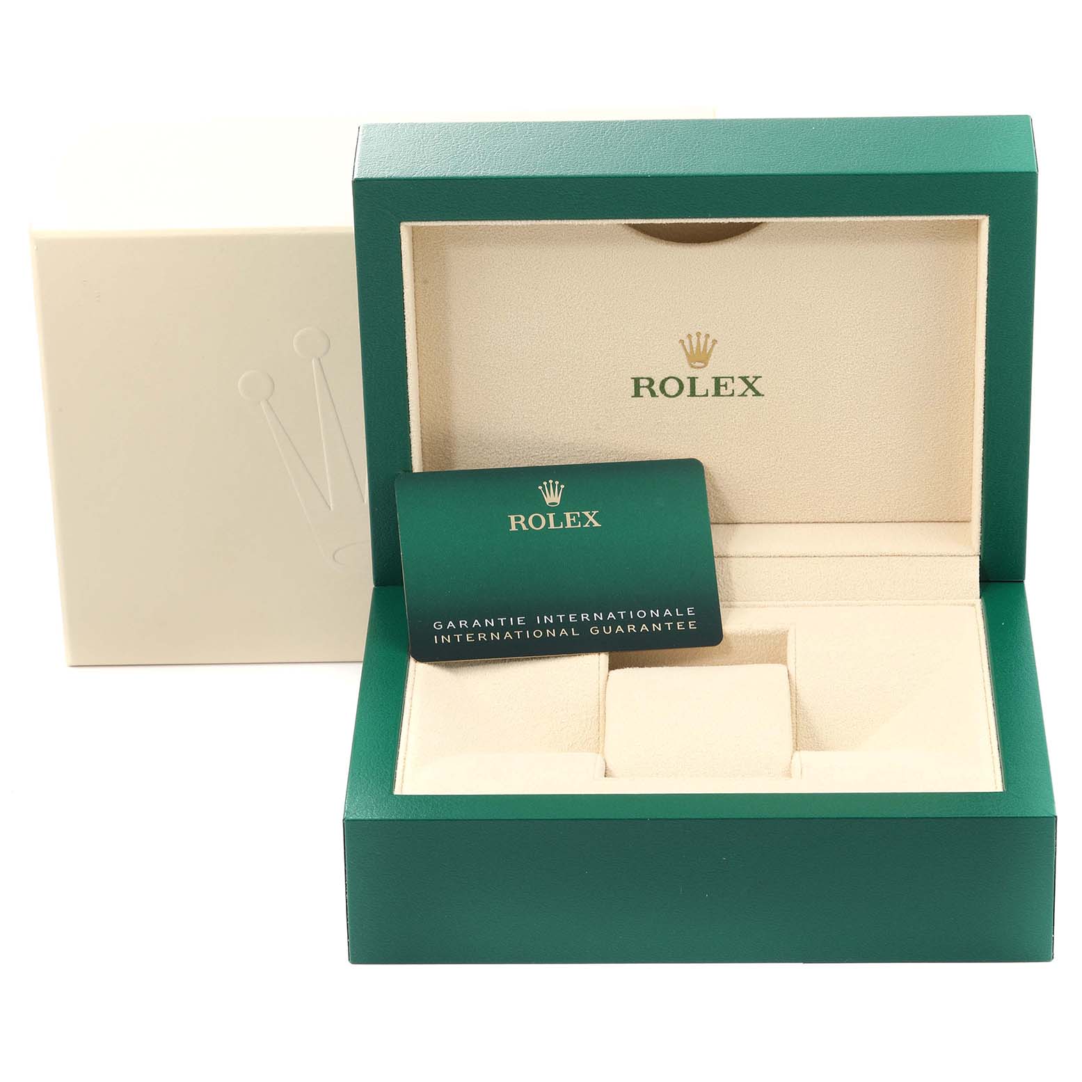 The image shows an open green and beige Rolex Submariner 124060 Men
s Stainless Steel  124060 Men
s Stainless Steel  watch box with a warranty card in front.