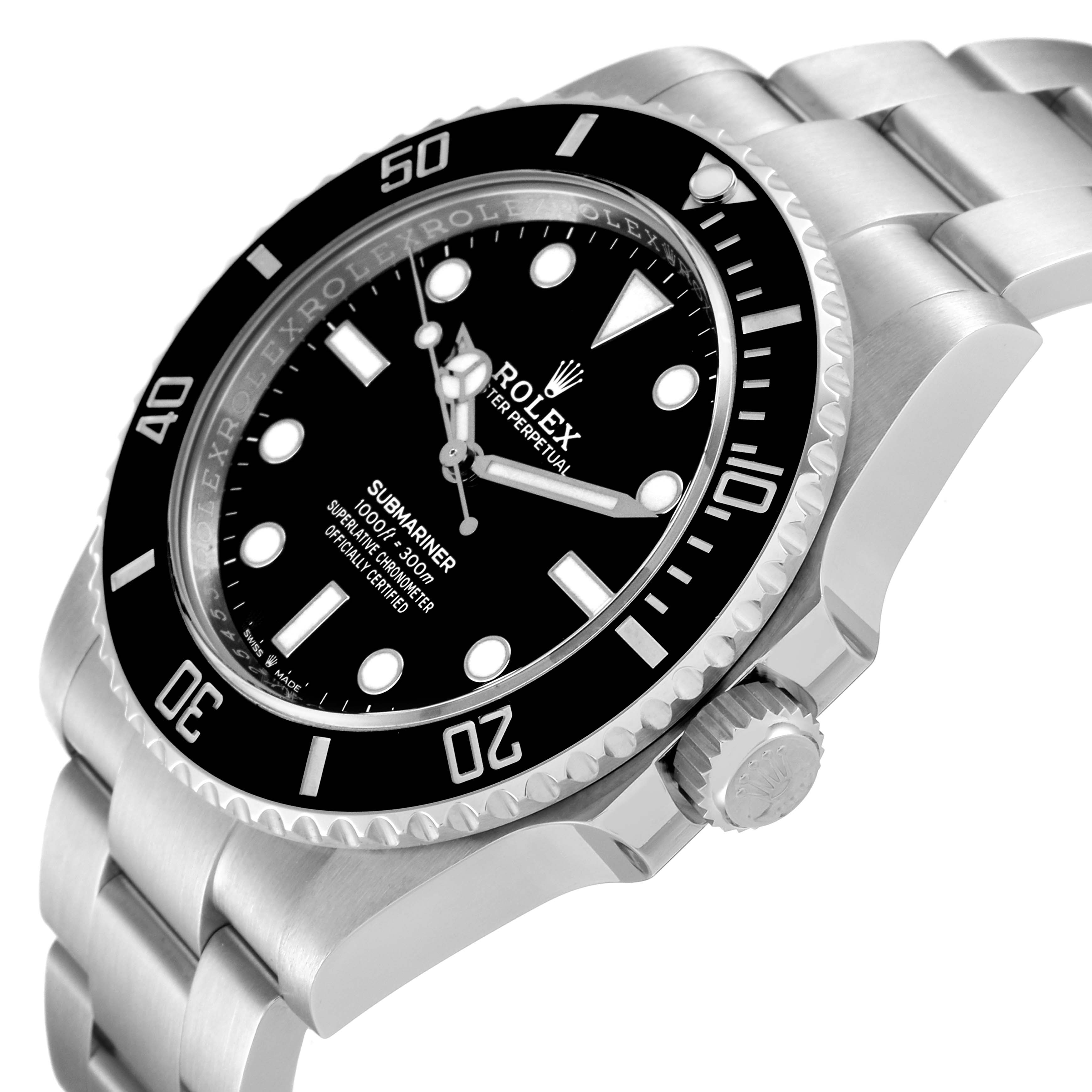 This image shows a Rolex Submariner 124060 Men
s Stainless Steel  124060 Men
s Stainless Steel  watch at a three-quarter angle, revealing the face, bezel, and part of the bracelet.