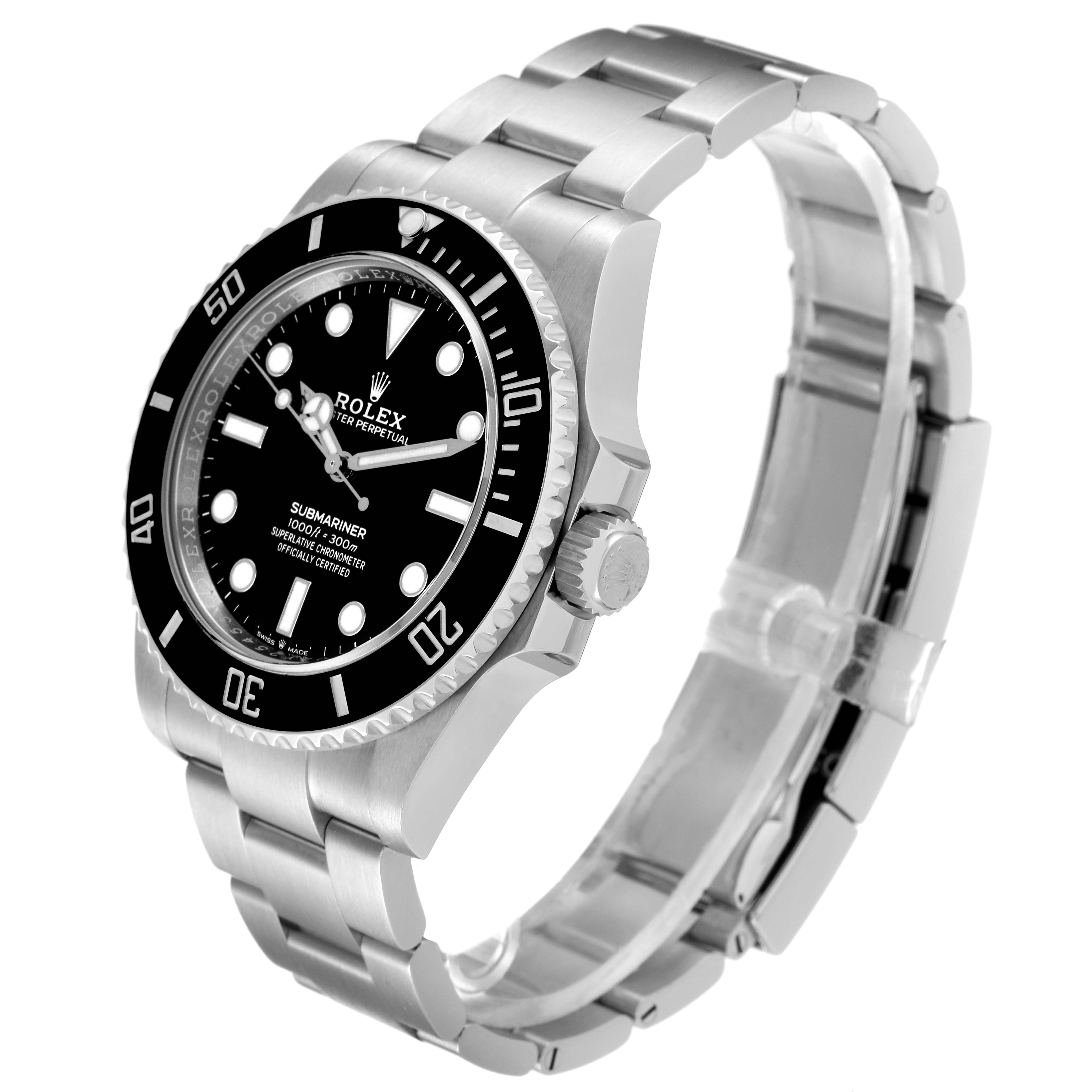 This image shows a side angle of a Rolex Submariner 124060 Men
s Stainless Steel  124060 Men
s Stainless Steel  watch displaying its dial, bezel, crown, and bracelet.