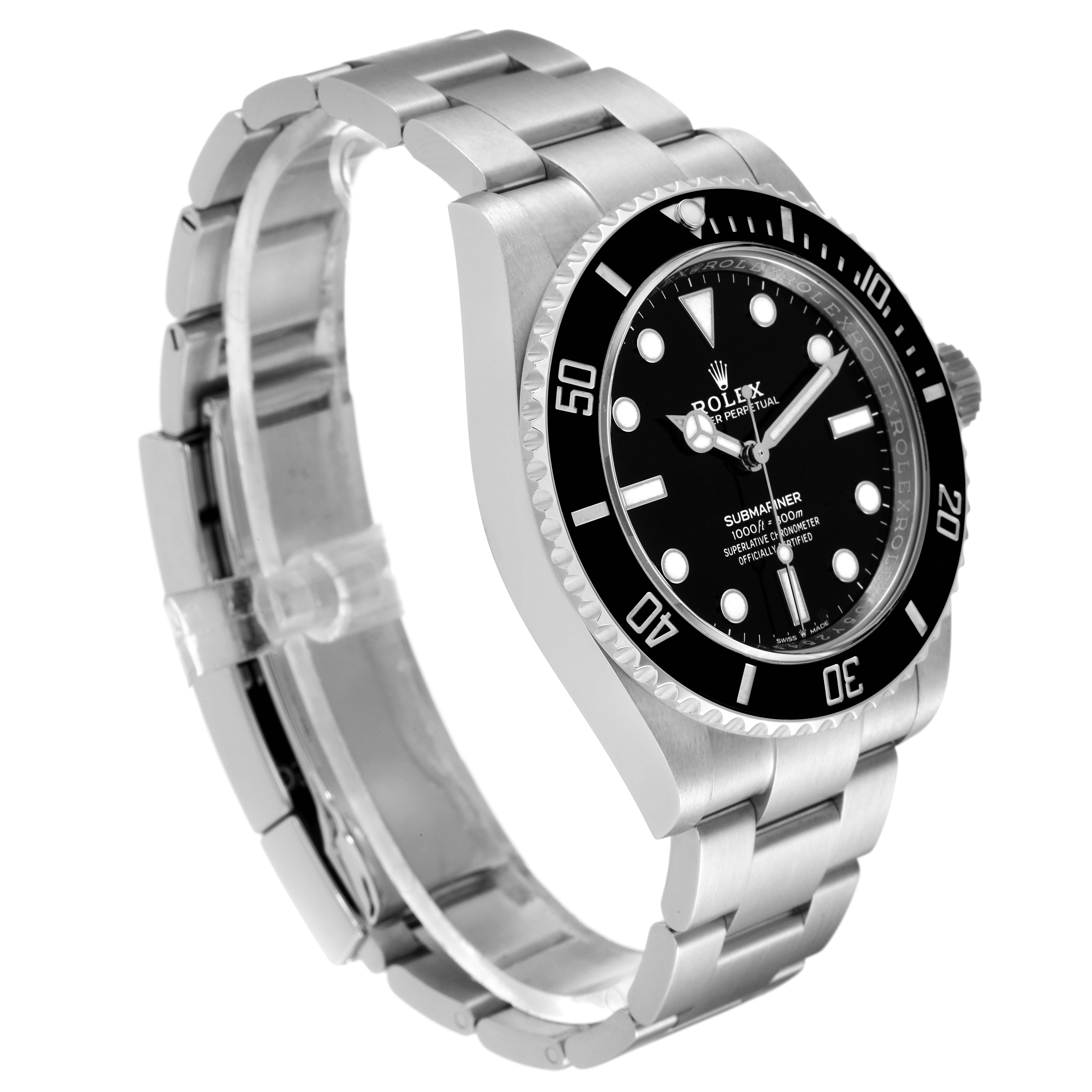 The image shows a Rolex Submariner 124060 Men
s Stainless Steel  124060 Men
s Stainless Steel  watch angled to display the face, bezel, crown, and part of the bracelet.