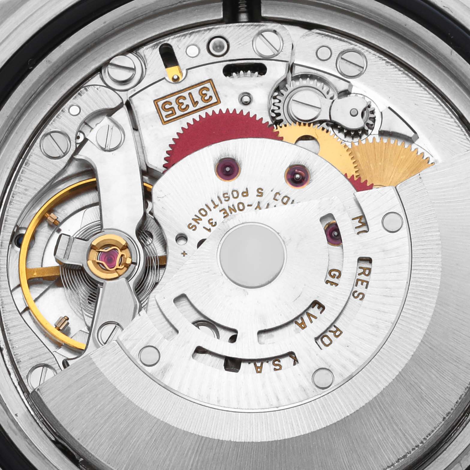 This image shows an up-close view of the Rolex Submariner 16613 Men's Steel and Gold (two tone) Black Dial 16613 Men's Steel and Gold (two tone) Black Dial's movement, highlighting intricate gears and components.