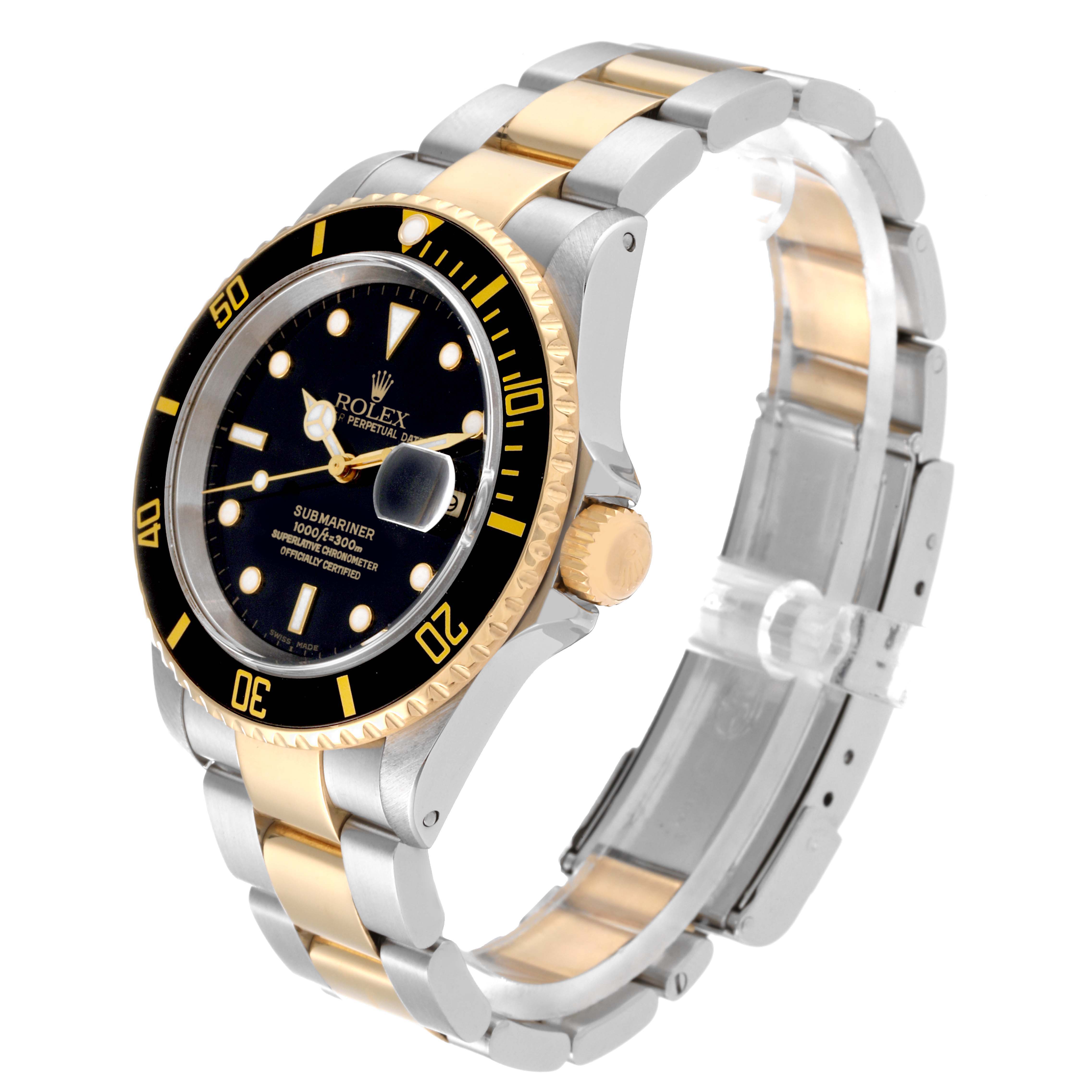 The image shows a Rolex Submariner 16613 Men's Steel and Gold (two tone) Black Dial 16613 Men's Steel and Gold (two tone) Black Dial watch from a side angle, highlighting its bezel, dial, bracelet, and crown.
