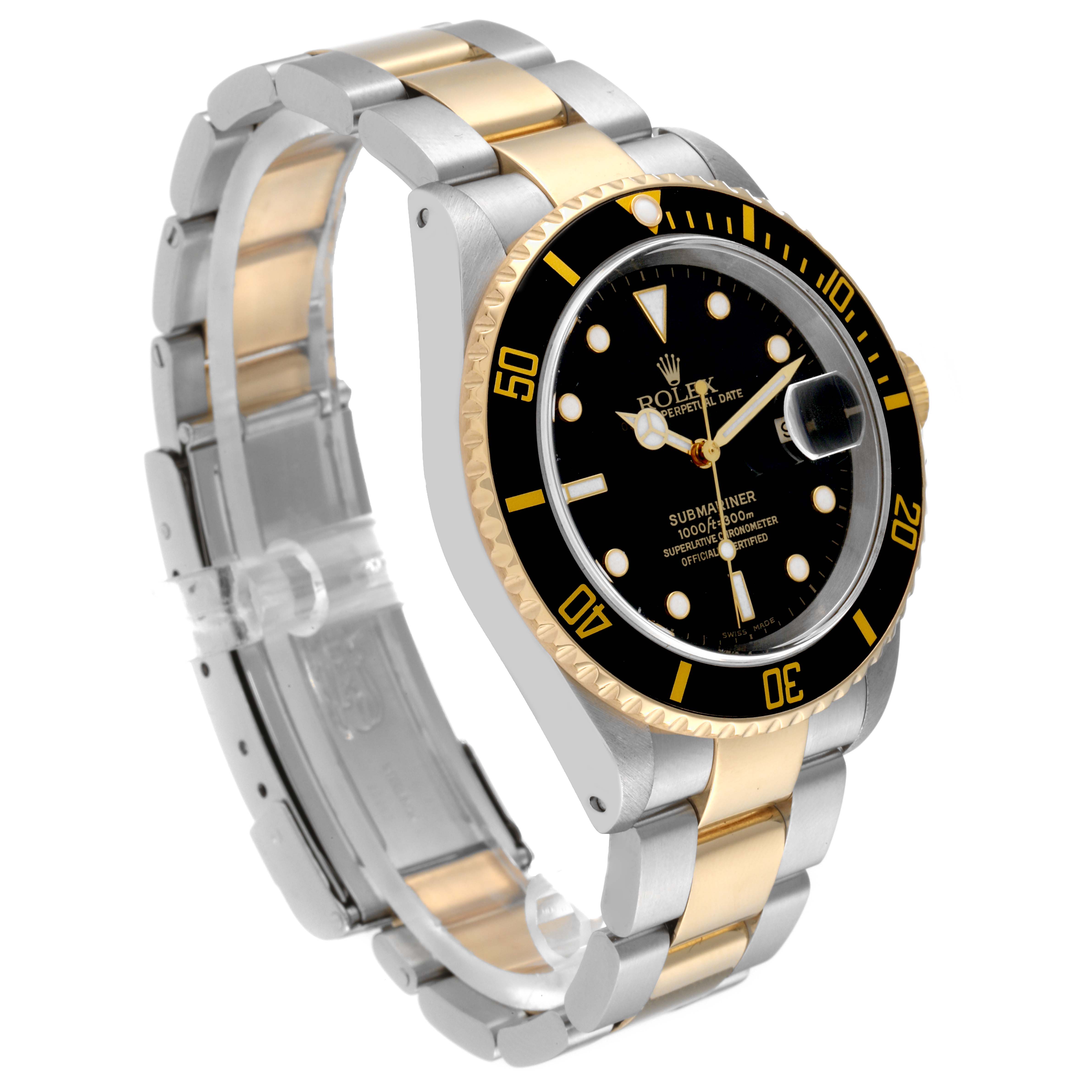 The image shows a Rolex Submariner 16613 Men's Steel and Gold (two tone) Black Dial 16613 Men's Steel and Gold (two tone) Black Dial watch with a black dial and two-tone (gold and silver) bracelet in a 3/4 angle view.