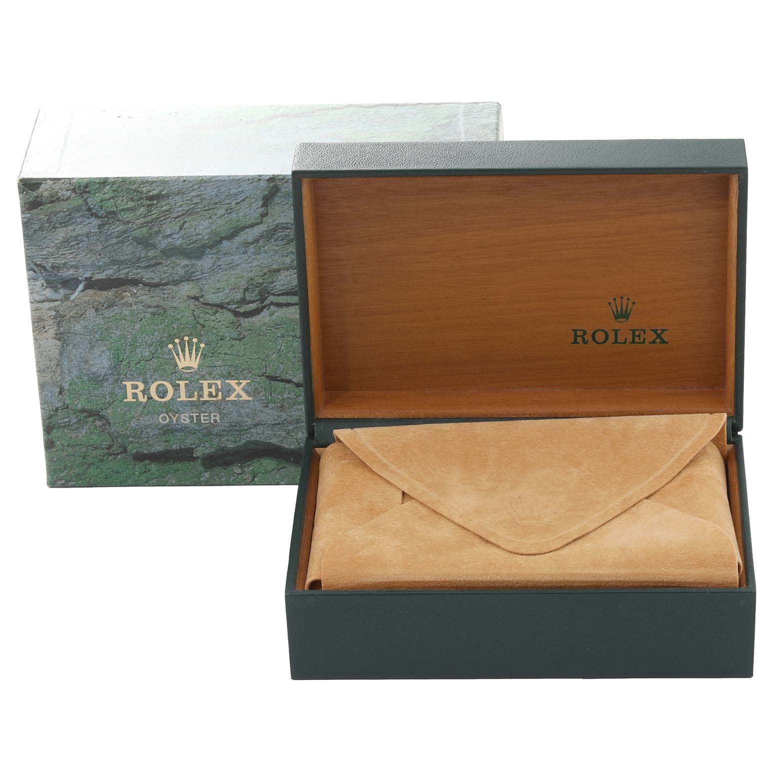 The image shows an open Rolex Submariner 16613 Men's Steel and Gold (two tone) Black Dial 16613 Men's Steel and Gold (two tone) Black Dial watch box with inner suede pouch, and an outer box with "Rolex Oyster" branding.