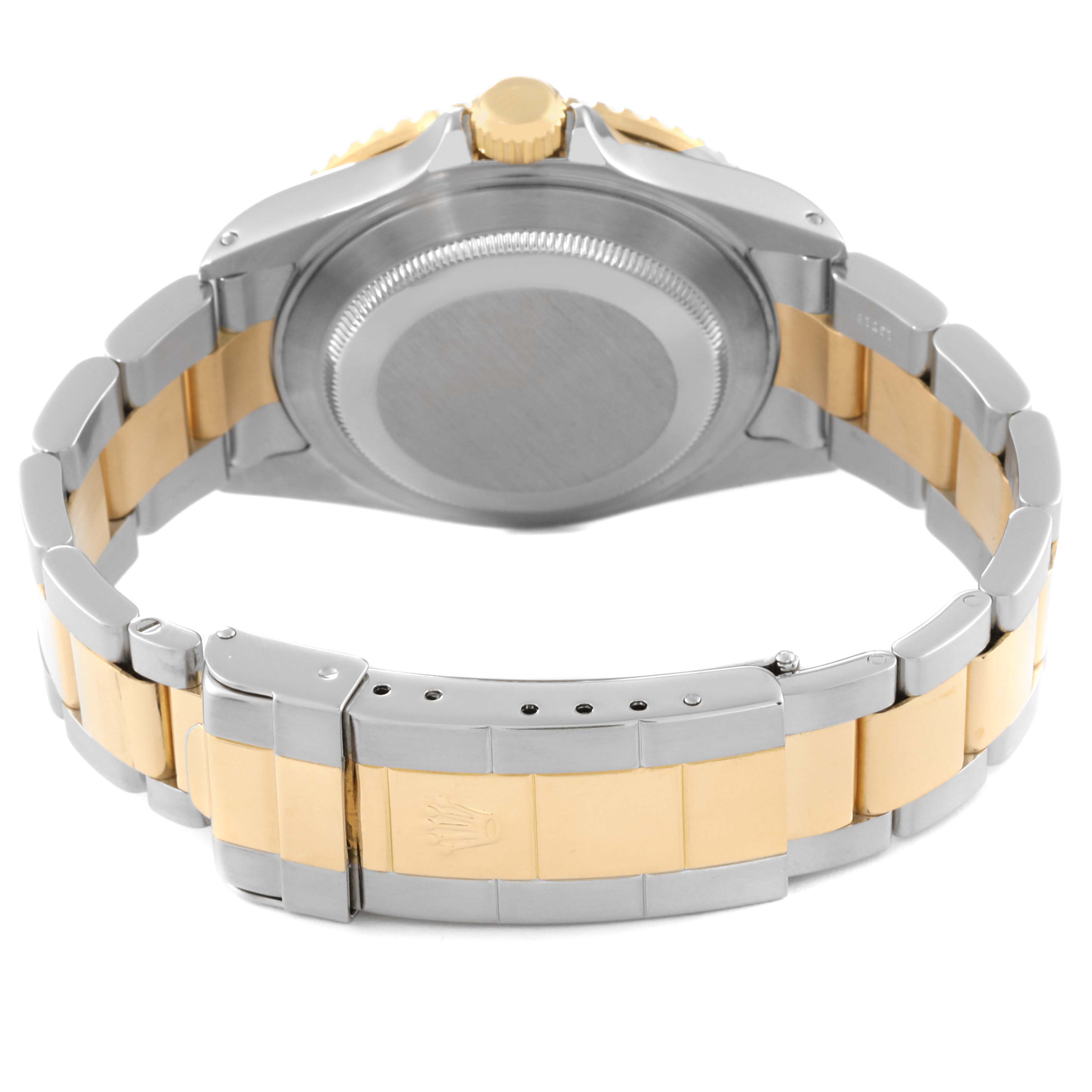 The image shows the back view of a Rolex Submariner 16613 Men's Steel and Gold (two tone) Black Dial 16613 Men's Steel and Gold (two tone) Black Dial watch, highlighting its two-tone bracelet and clasp.