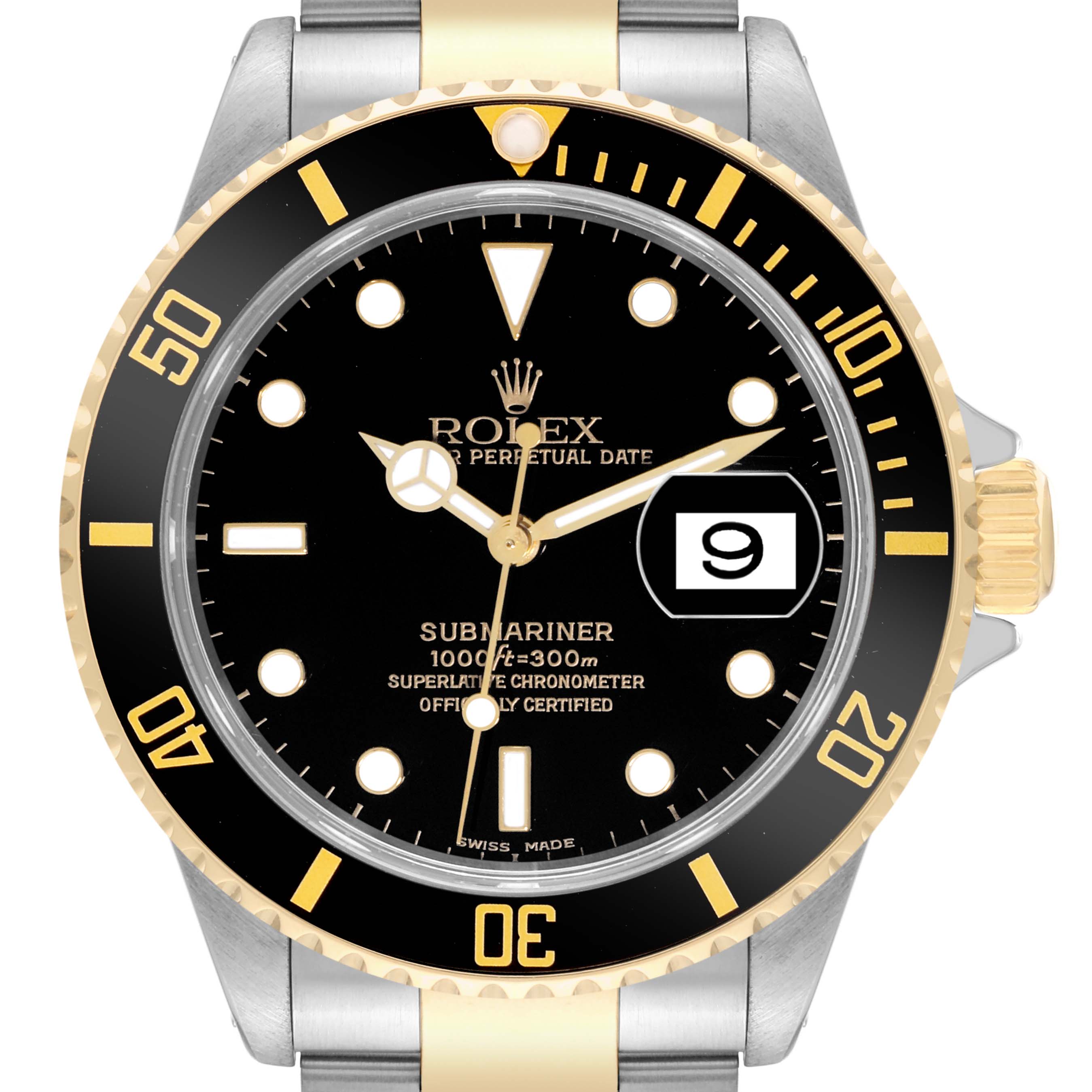The image shows a front view of the Rolex Submariner 16613 Men's Steel and Gold (two tone) Black Dial 16613 Men's Steel and Gold (two tone) Black Dial watch, highlighting its black dial, gold and silver bracelet, date window, and rotating bezel.
