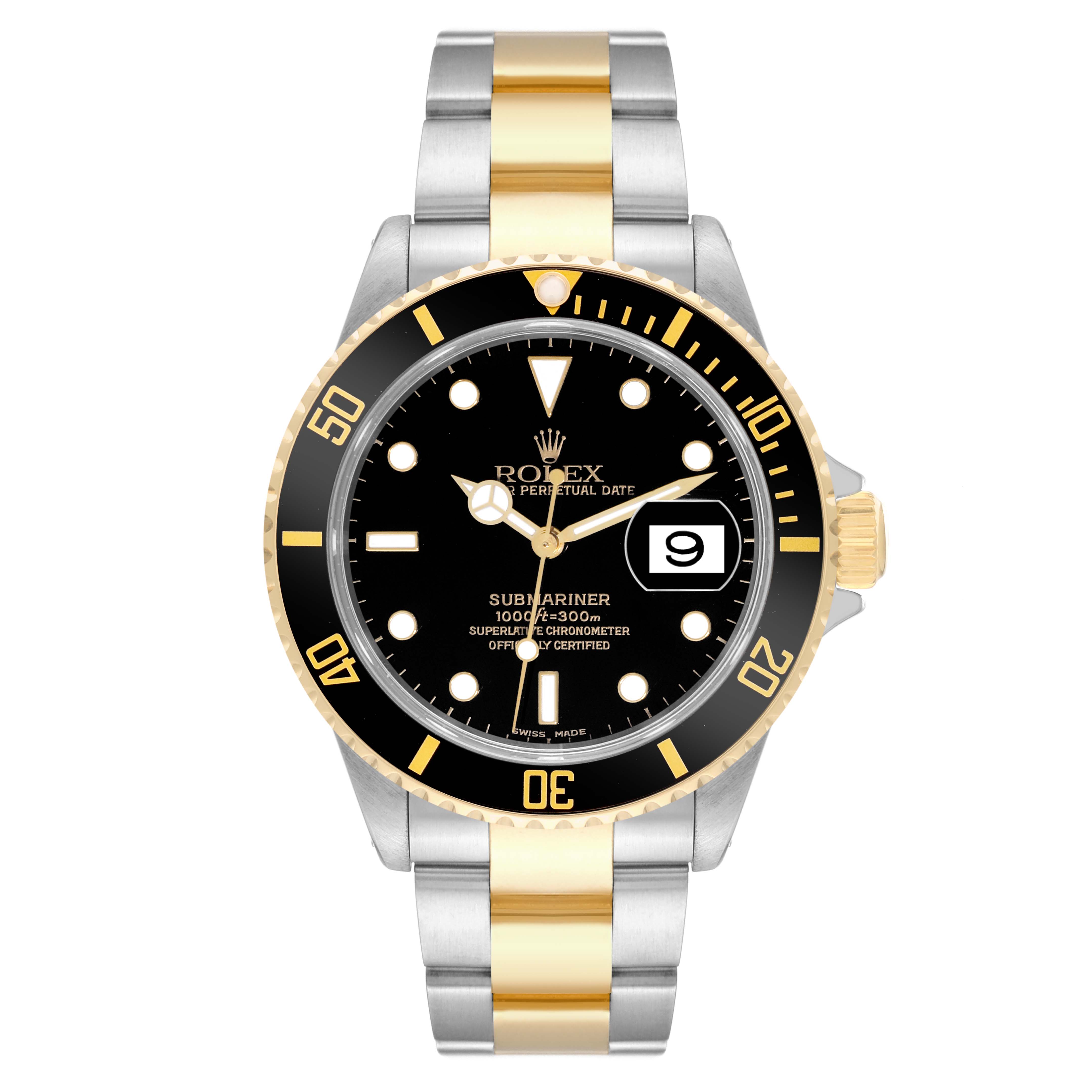 The image shows a top view of a Rolex Submariner 16613 Men's Steel and Gold (two tone) Black Dial 16613 Men's Steel and Gold (two tone) Black Dial watch displaying the dial, bezel, and two-tone bracelet.