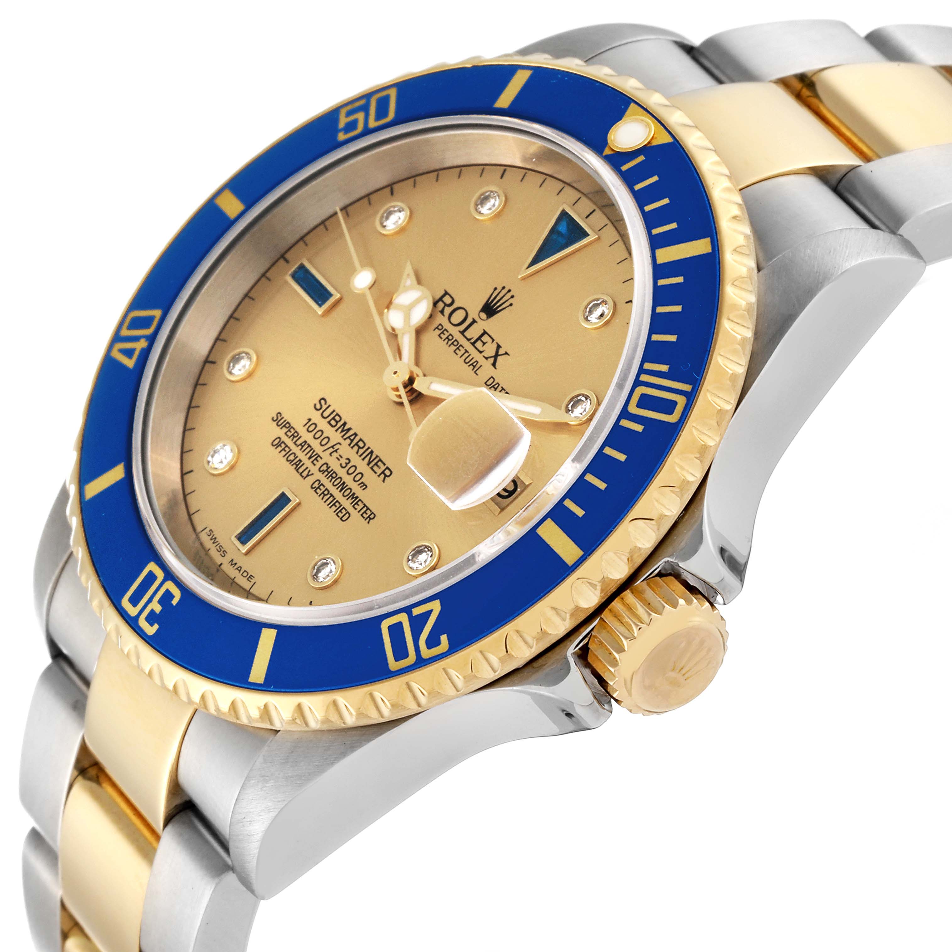 The image shows a Rolex Submariner 16613 Men's Steel and Gold (two tone) Champagne Dial 16613 Men's Steel and Gold (two tone) Champagne Dial watch angled to display the bezel, dial, crown, and part of the bracelet.